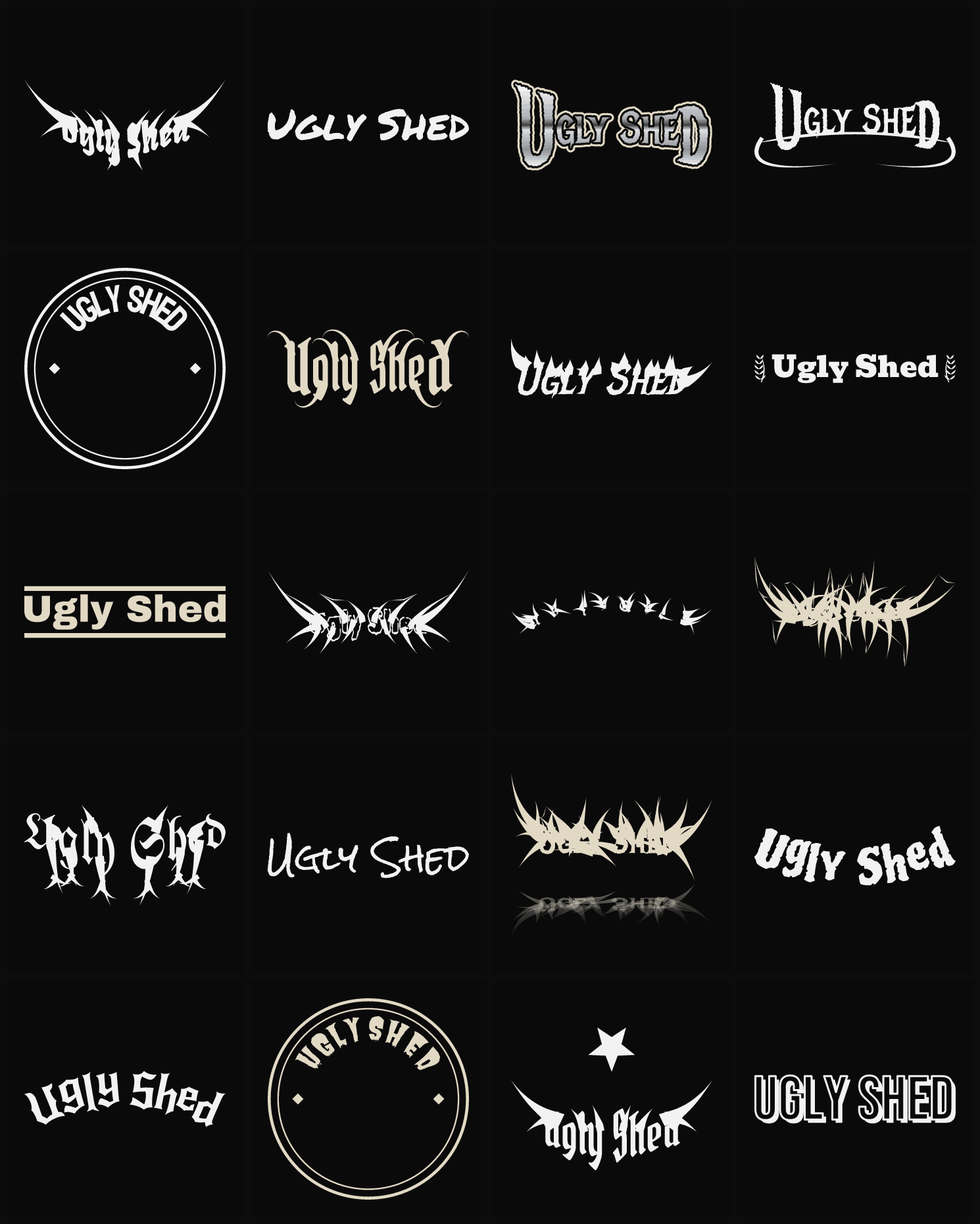 Twenty Ugly Shed band logo ideas — different faces, treatments and spike settings