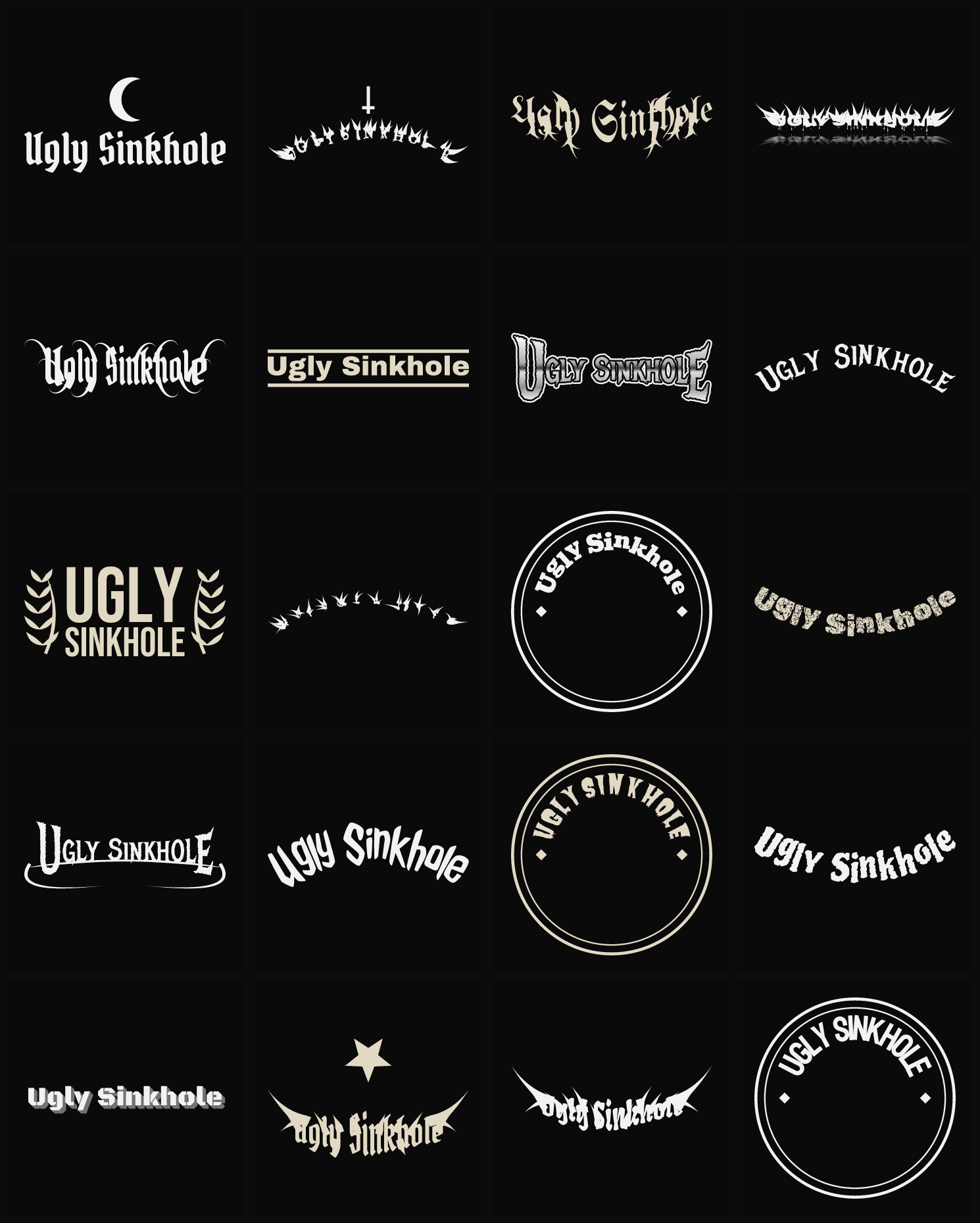 Twenty Ugly Sinkhole band logo ideas — different faces, treatments and spike settings