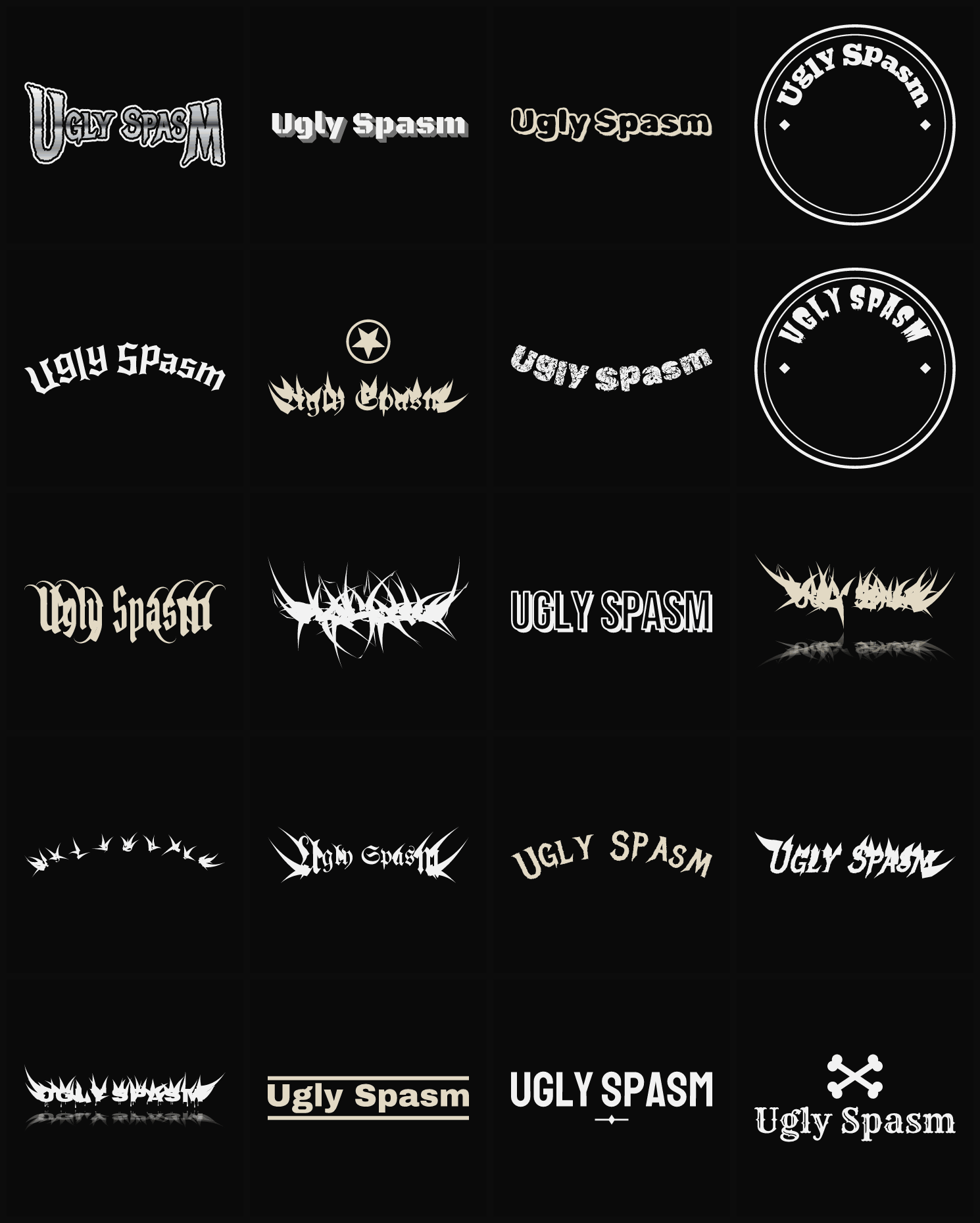 Twenty Ugly Spasm band logo ideas — different faces, treatments and spike settings
