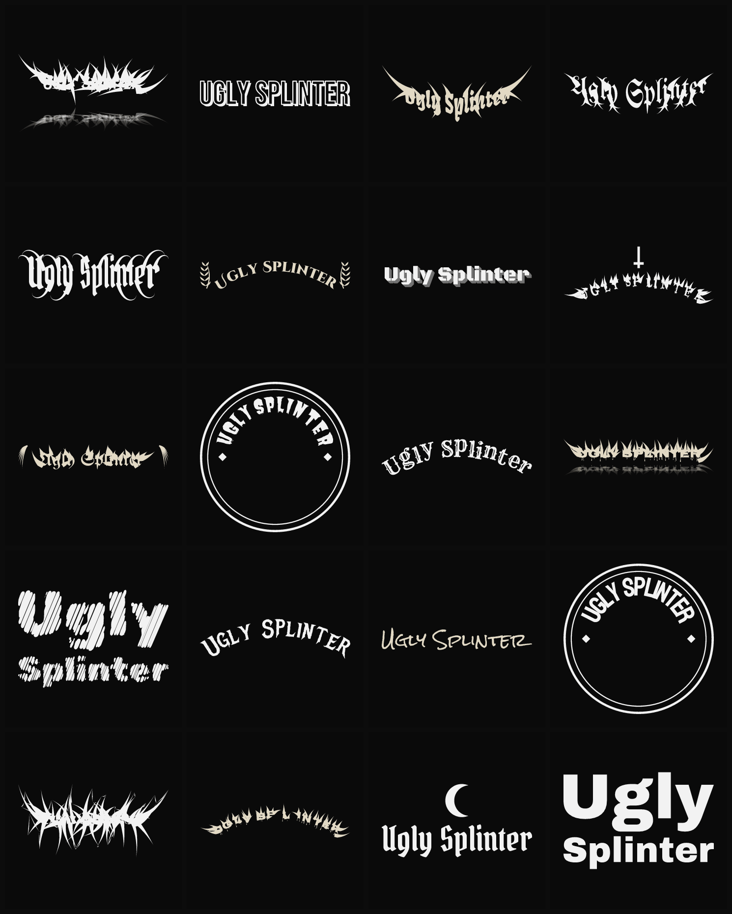 Twenty Ugly Splinter band logo ideas — different faces, treatments and spike settings