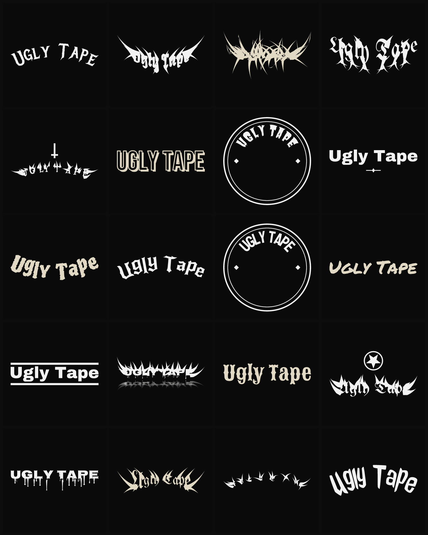 Twenty Ugly Tape band logo ideas — different faces, treatments and spike settings