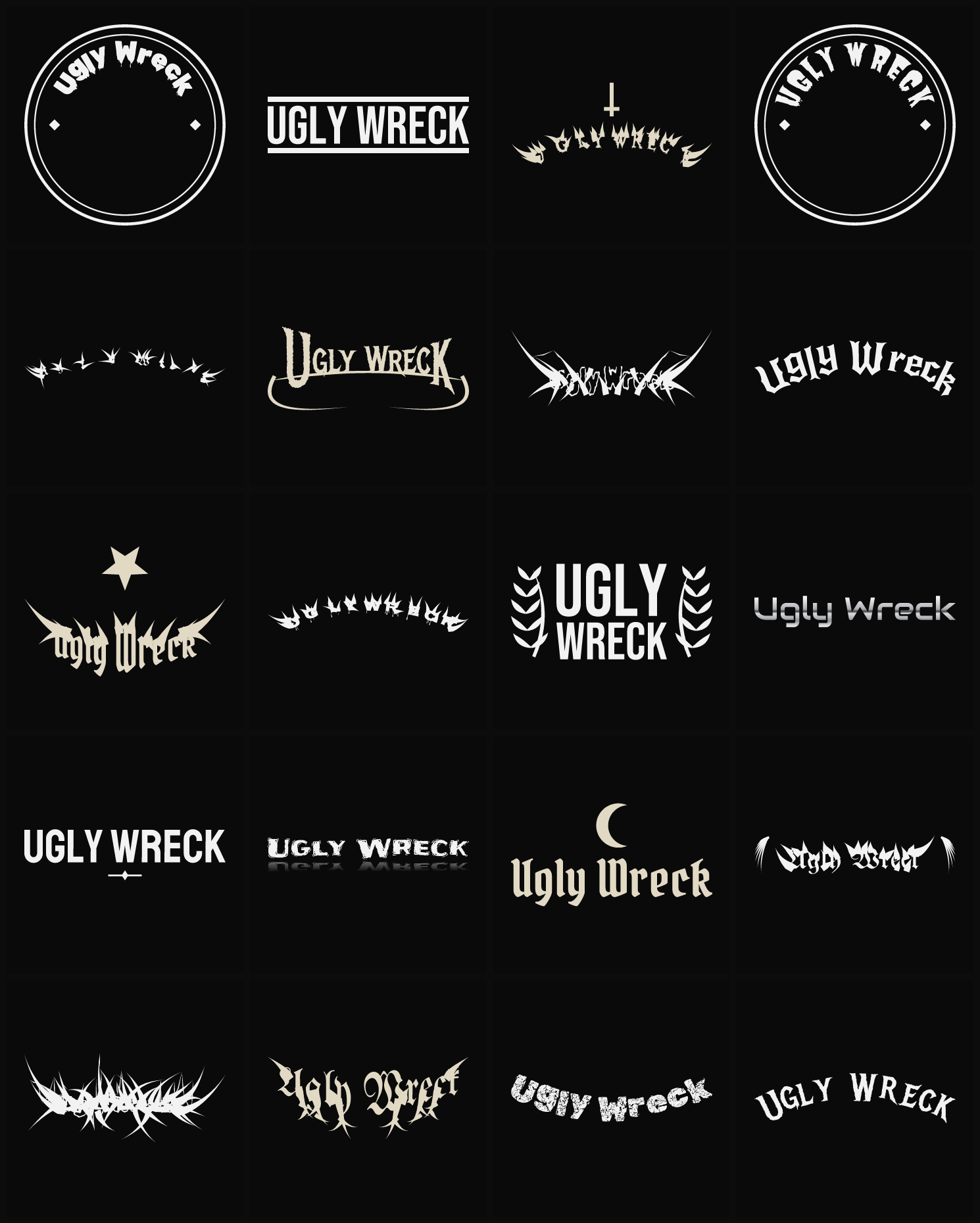 Twenty Ugly Wreck band logo ideas — different faces, treatments and spike settings