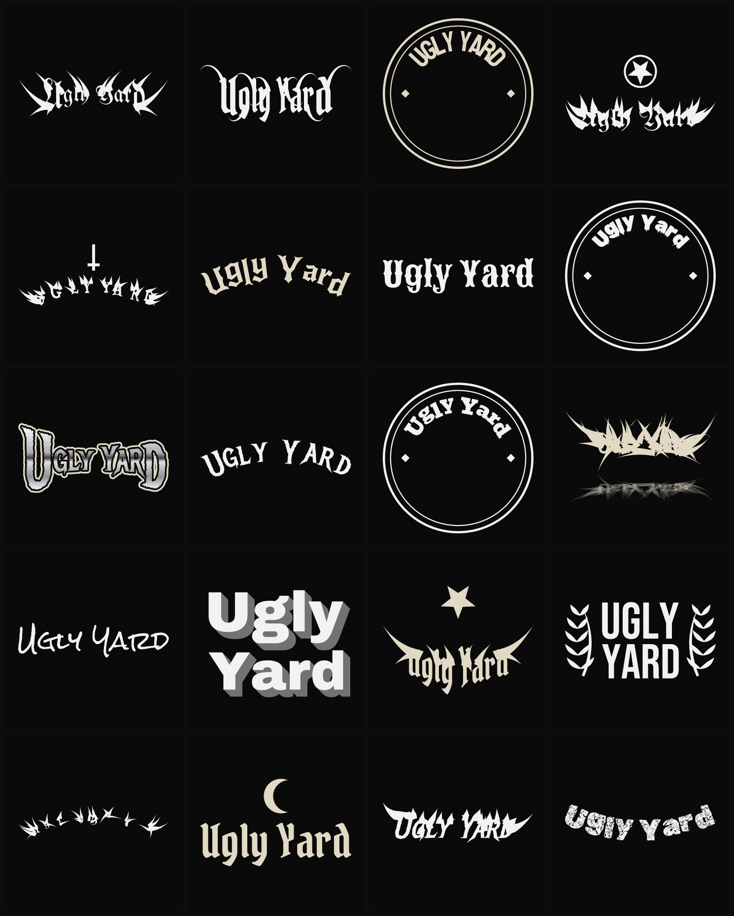 Twenty Ugly Yard band logo ideas — different faces, treatments and spike settings
