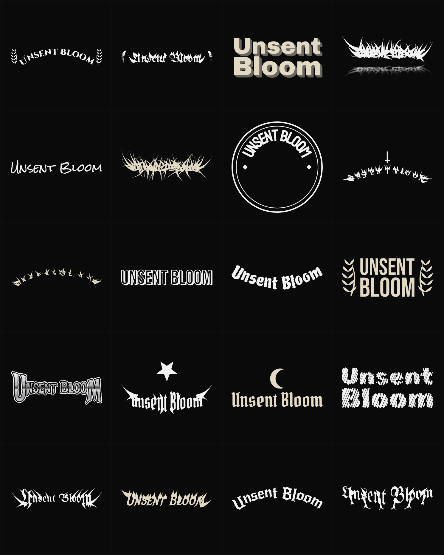 Twenty Unsent Bloom band logo ideas — different faces, treatments and spike settings