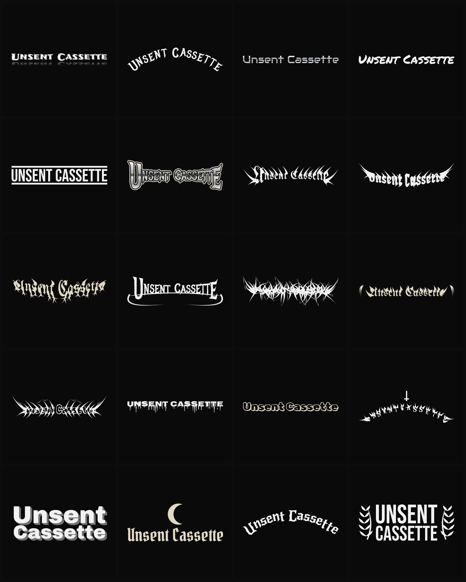Twenty Unsent Cassette band logo ideas — different faces, treatments and spike settings