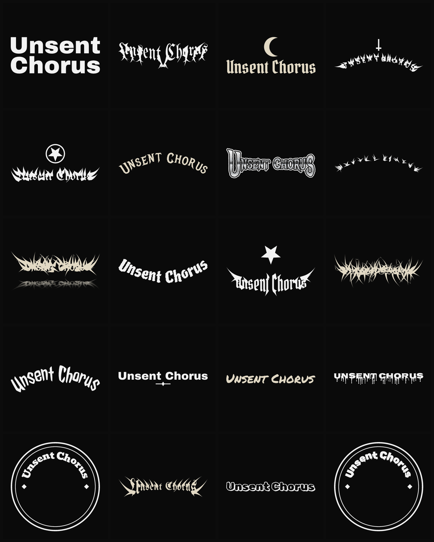 Twenty Unsent Chorus band logo ideas — different faces, treatments and spike settings