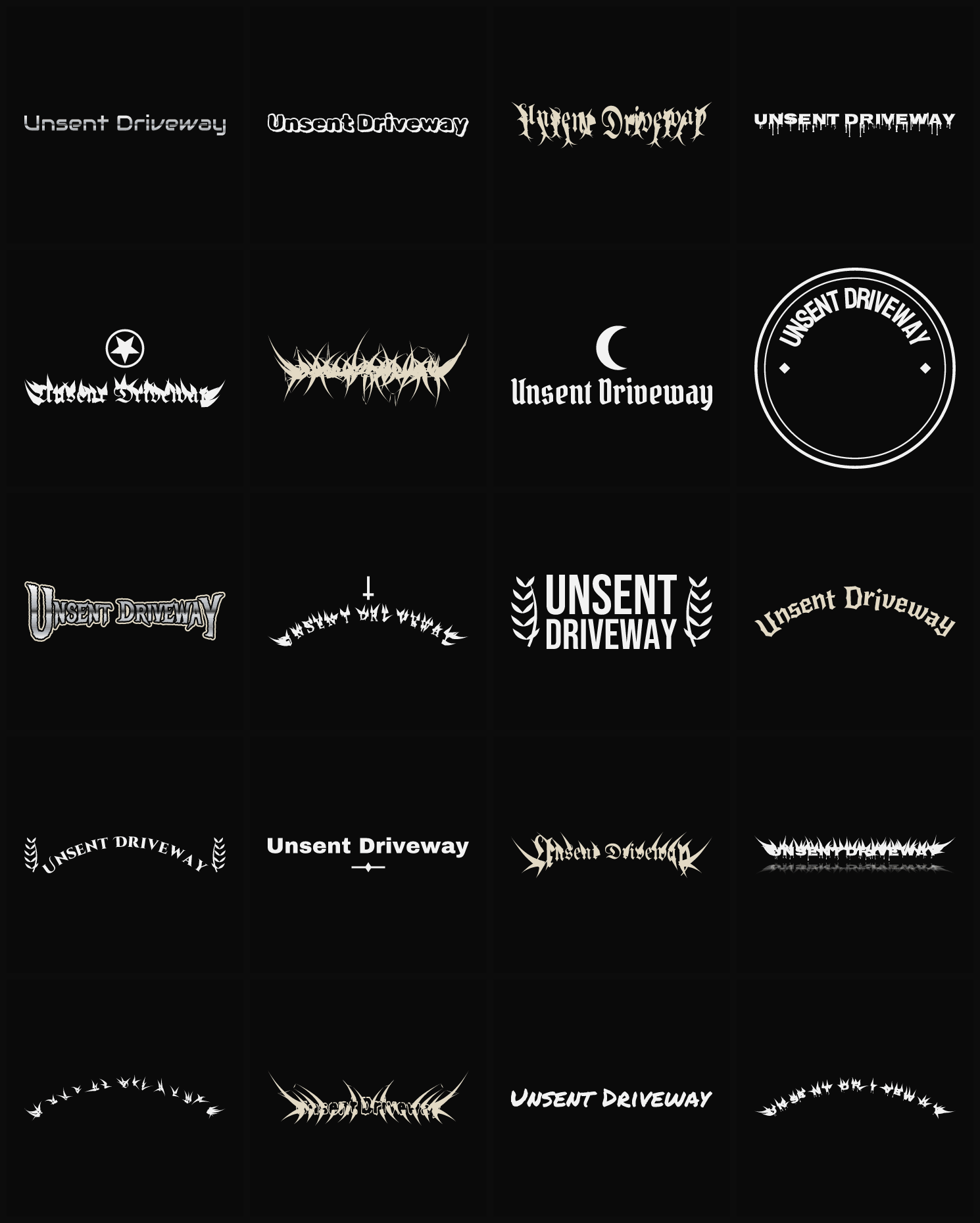Twenty Unsent Driveway band logo ideas — different faces, treatments and spike settings