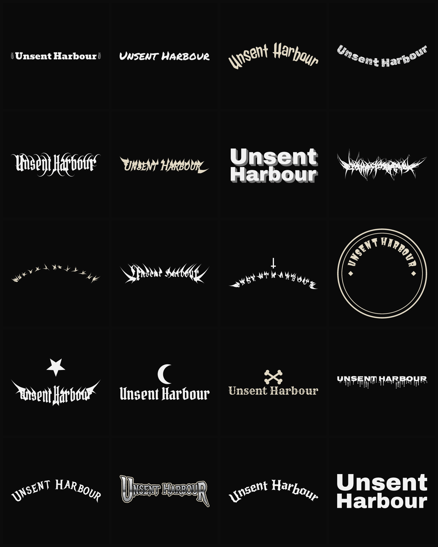 Twenty Unsent Harbour band logo ideas — different faces, treatments and spike settings