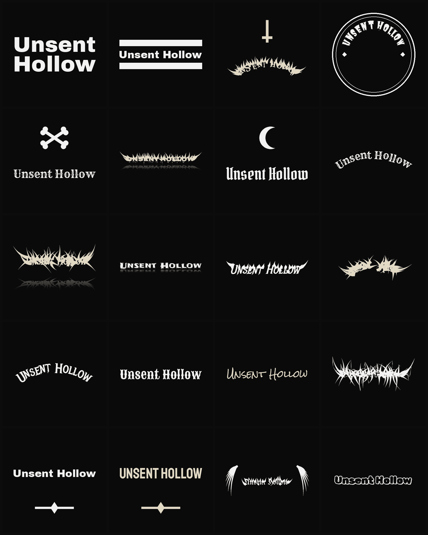 Twenty Unsent Hollow band logo ideas — different faces, treatments and spike settings