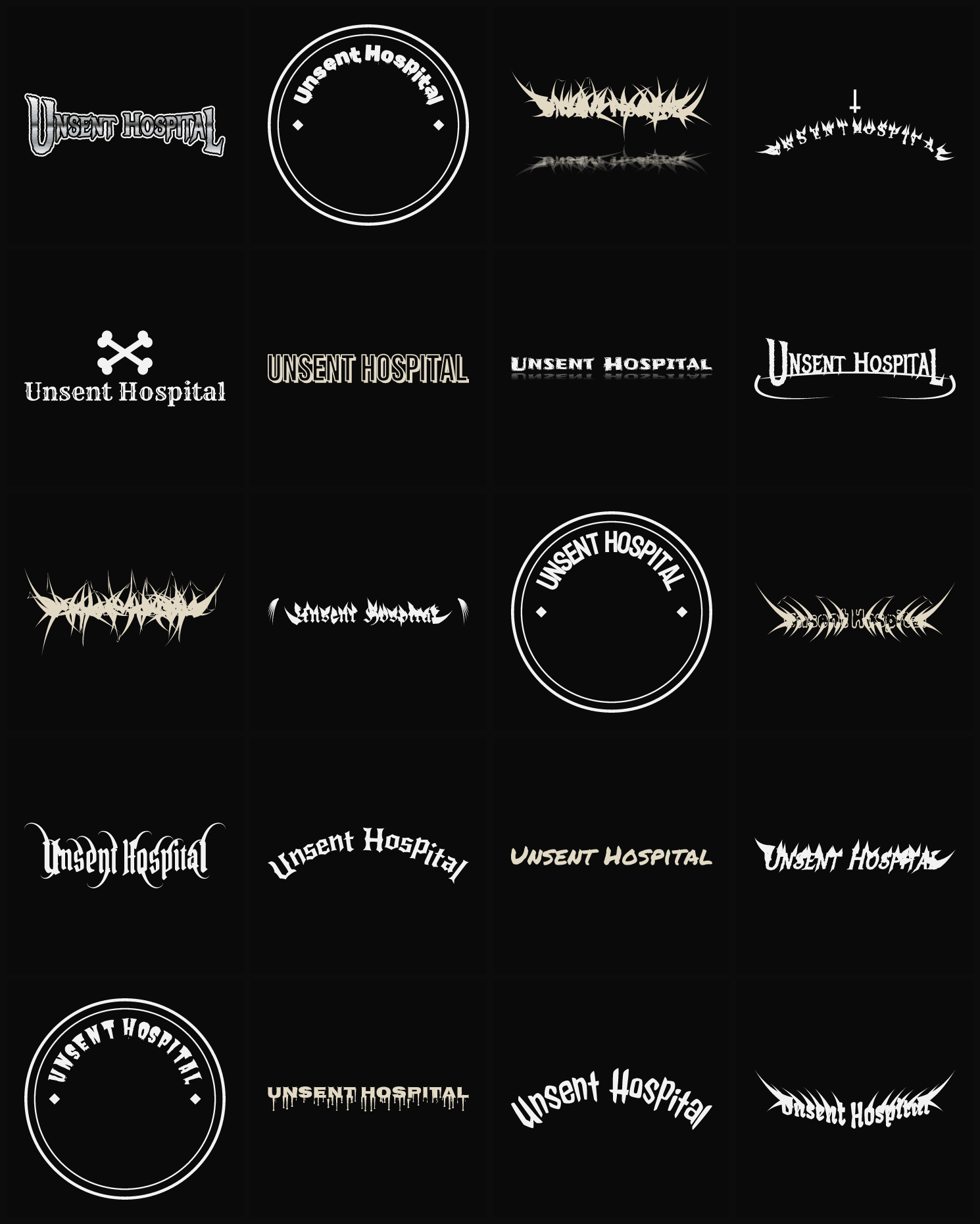 Twenty Unsent Hospital band logo ideas — different faces, treatments and spike settings
