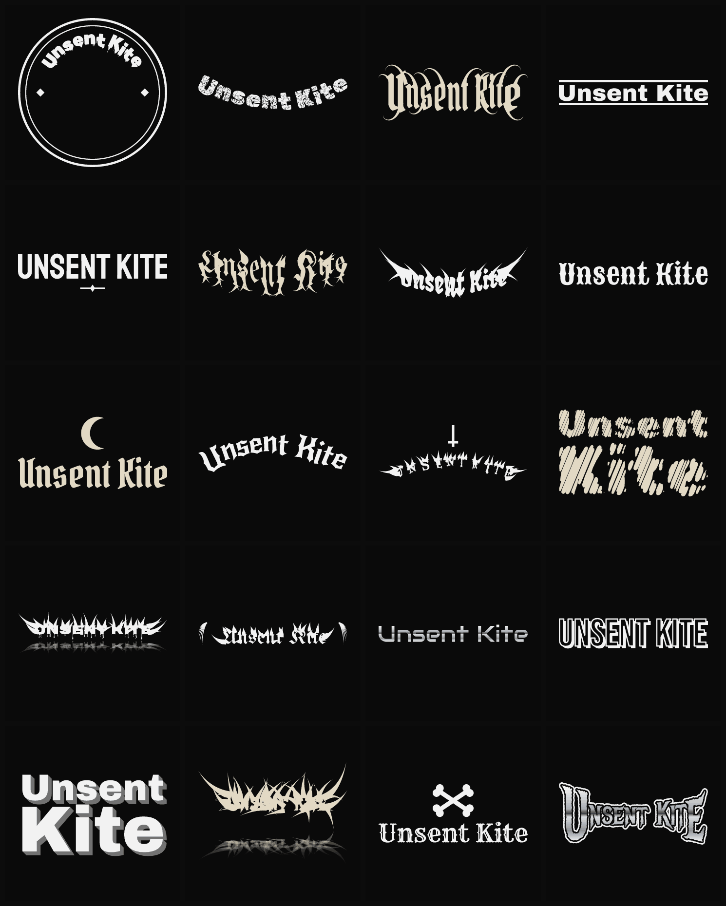Twenty Unsent Kite band logo ideas — different faces, treatments and spike settings