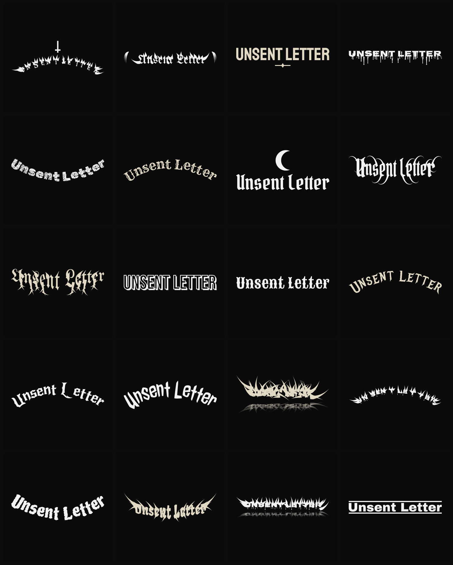 Twenty Unsent Letter band logo ideas — different faces, treatments and spike settings