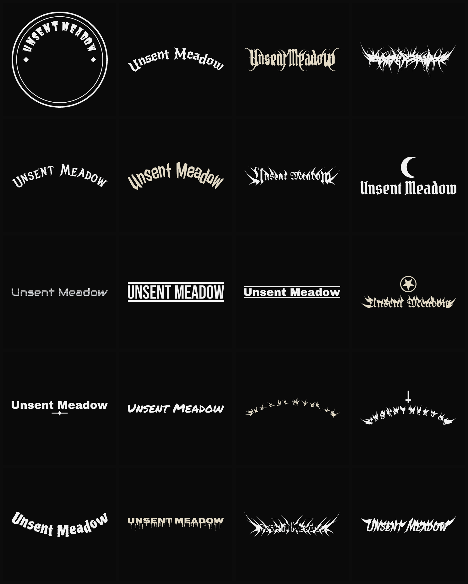 Twenty Unsent Meadow band logo ideas — different faces, treatments and spike settings