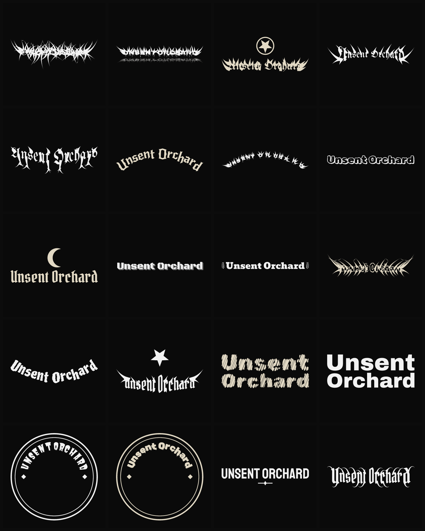 Twenty Unsent Orchard band logo ideas — different faces, treatments and spike settings