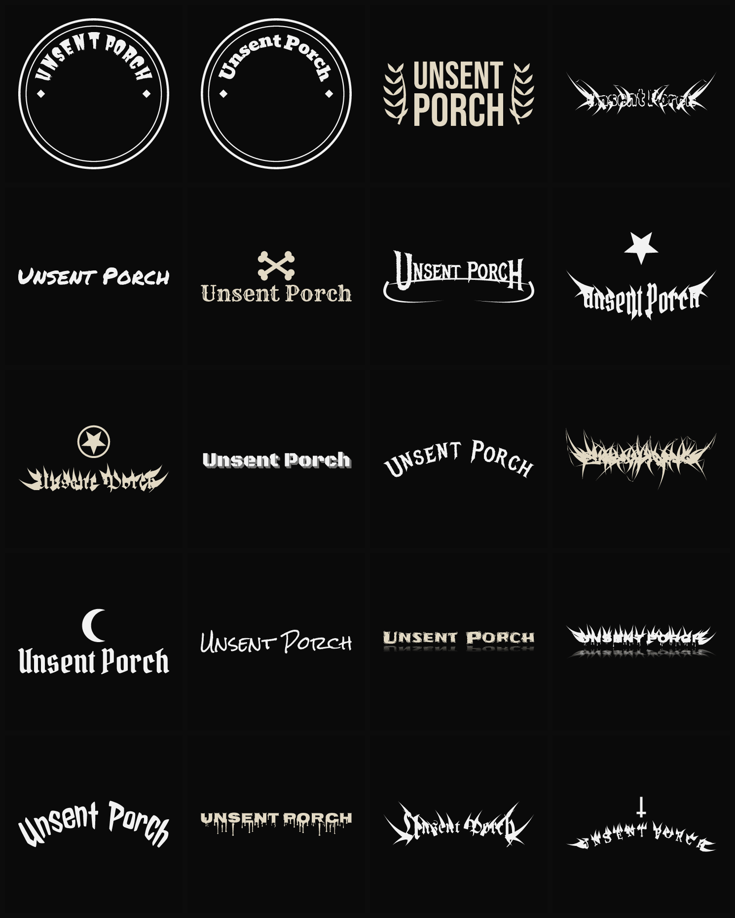 Twenty Unsent Porch band logo ideas — different faces, treatments and spike settings