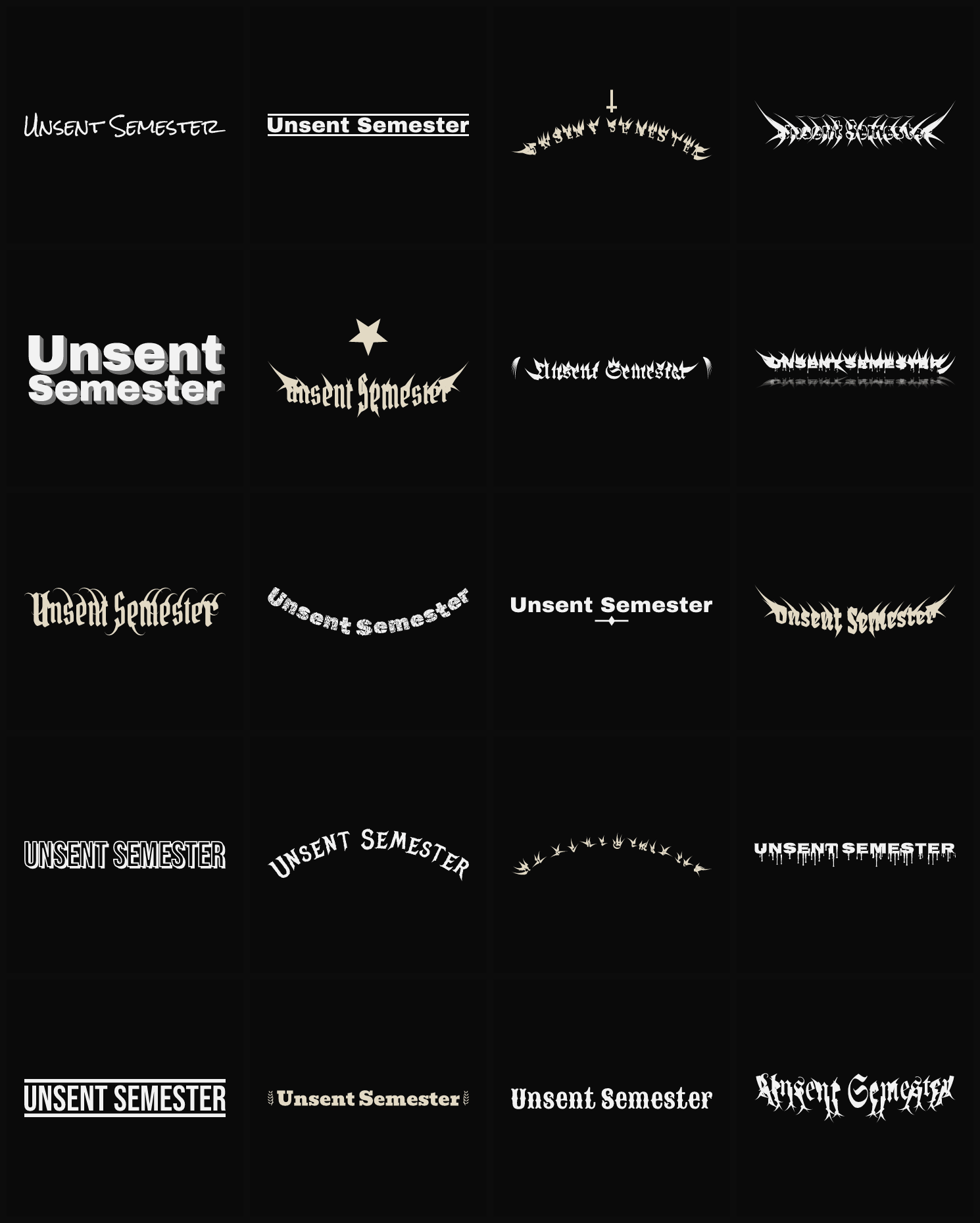 Twenty Unsent Semester band logo ideas — different faces, treatments and spike settings
