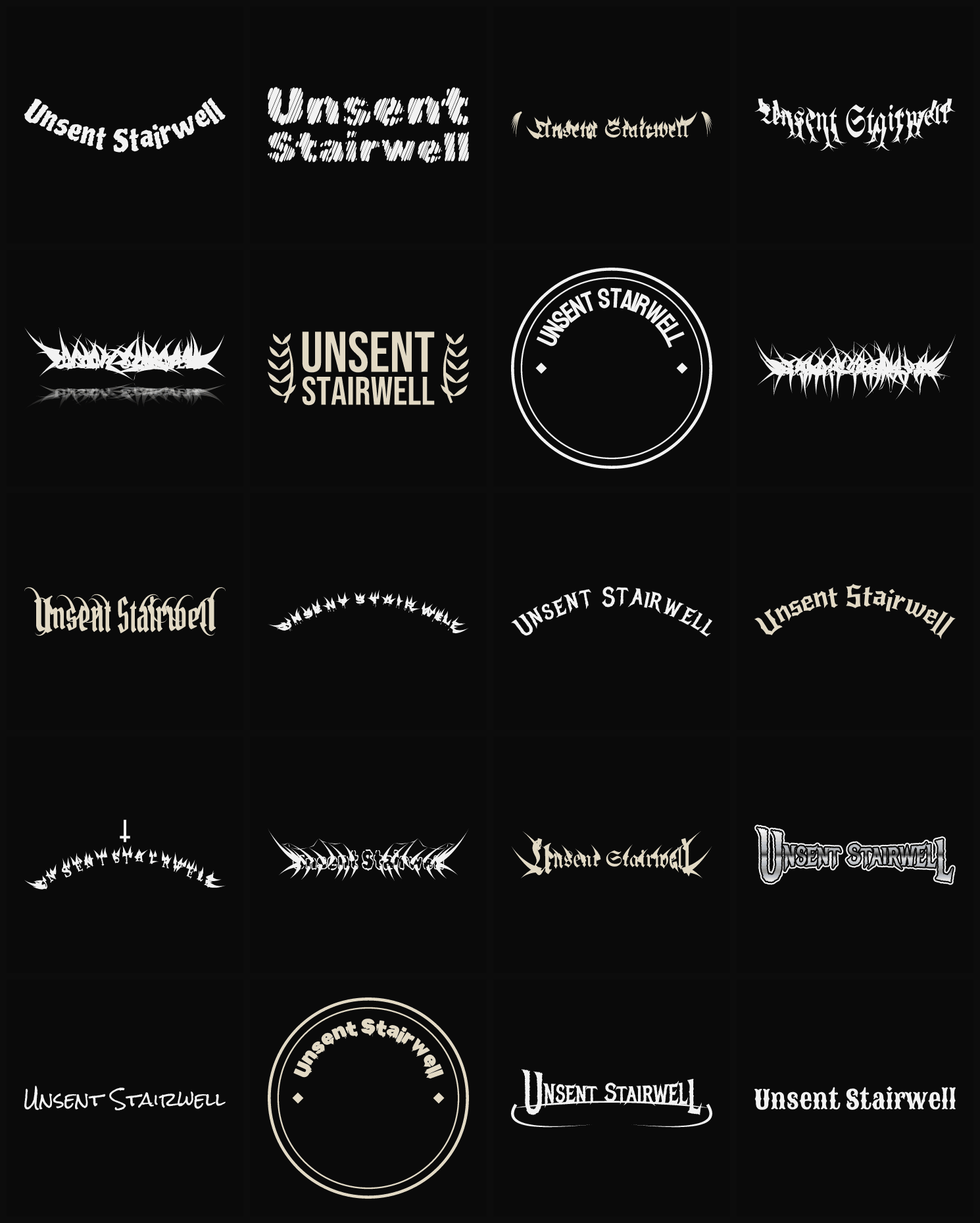 Twenty Unsent Stairwell band logo ideas — different faces, treatments and spike settings
