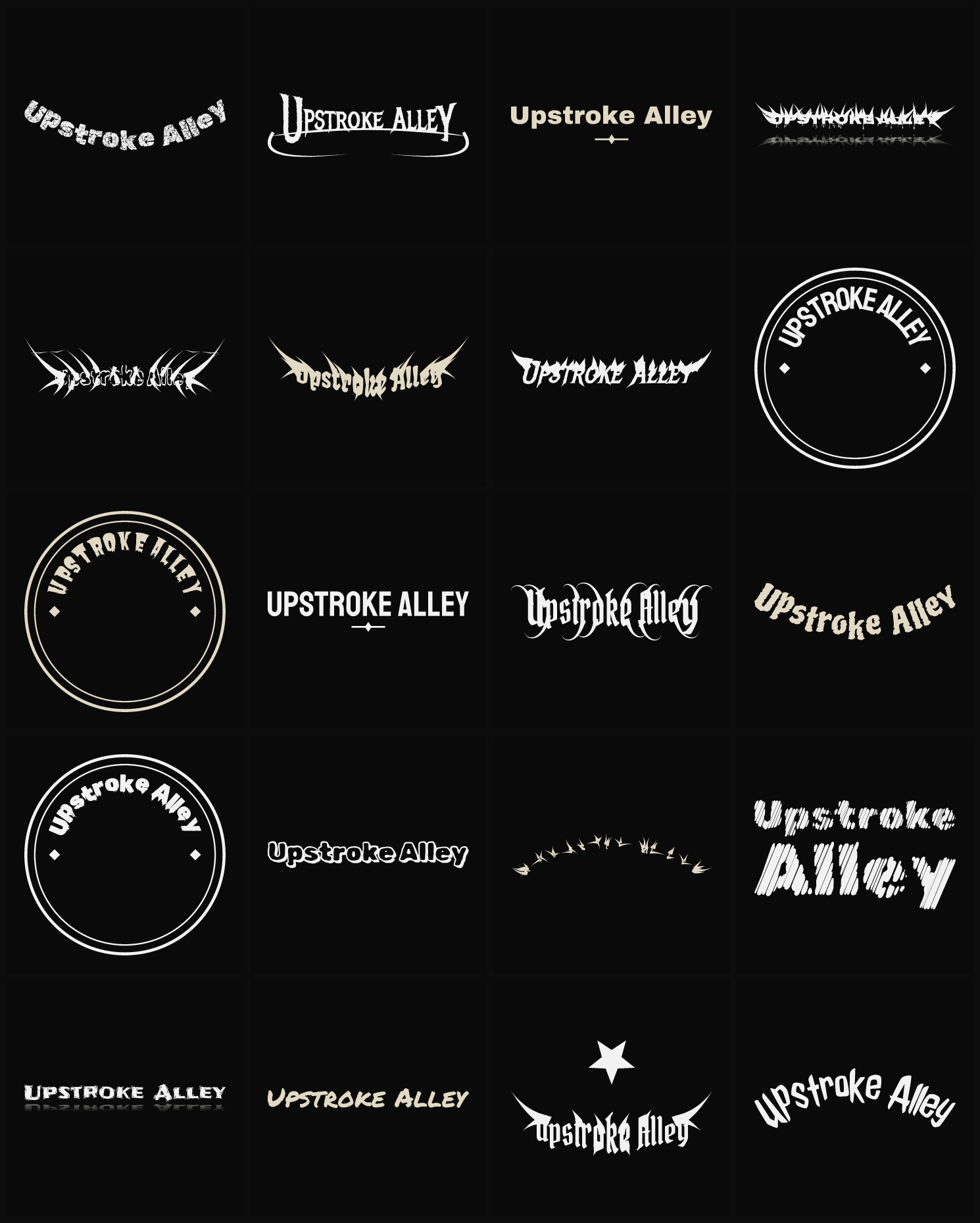 Twenty Upstroke Alley band logo ideas — different faces, treatments and spike settings