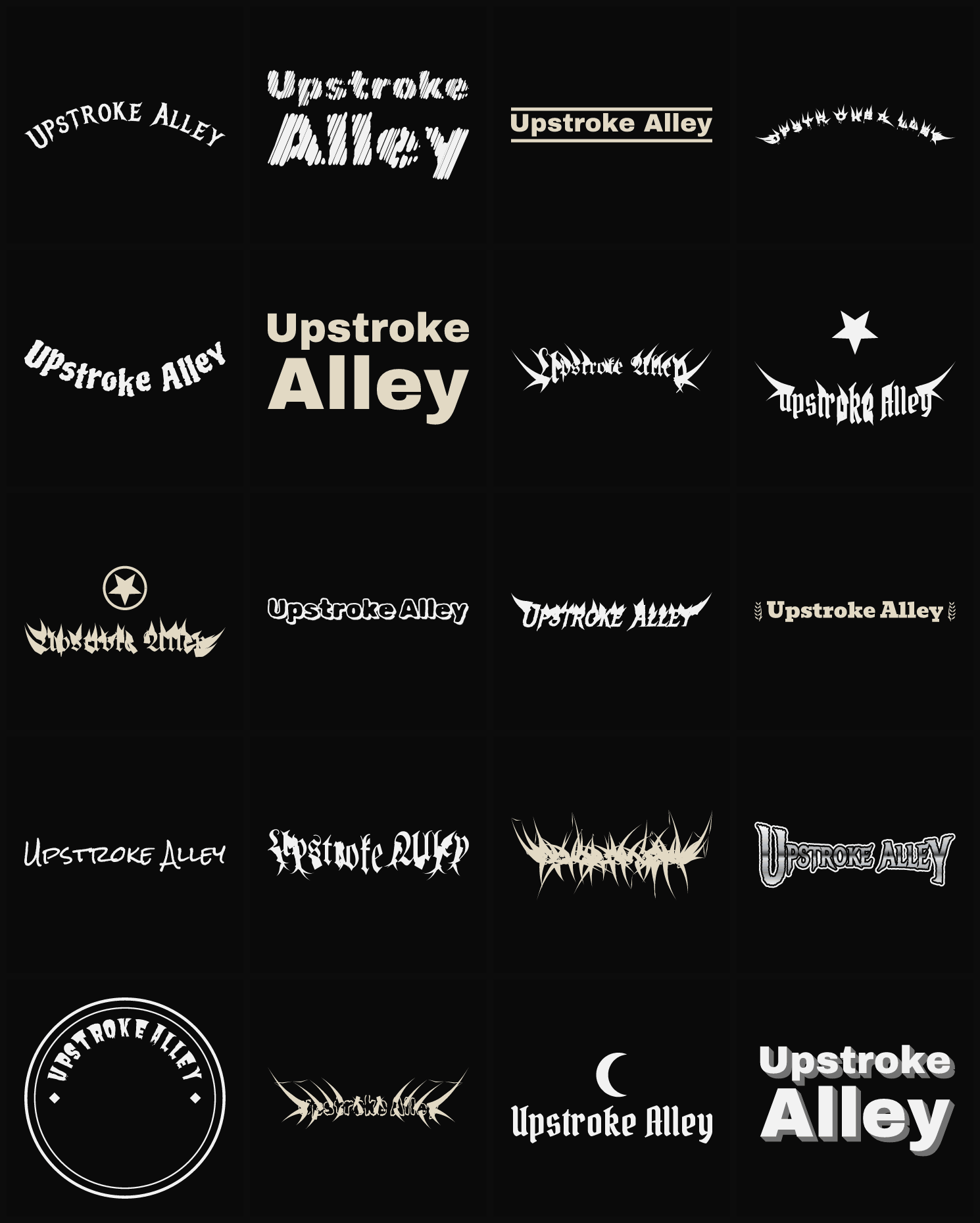 Twenty Upstroke Alley band logo ideas — different faces, treatments and spike settings