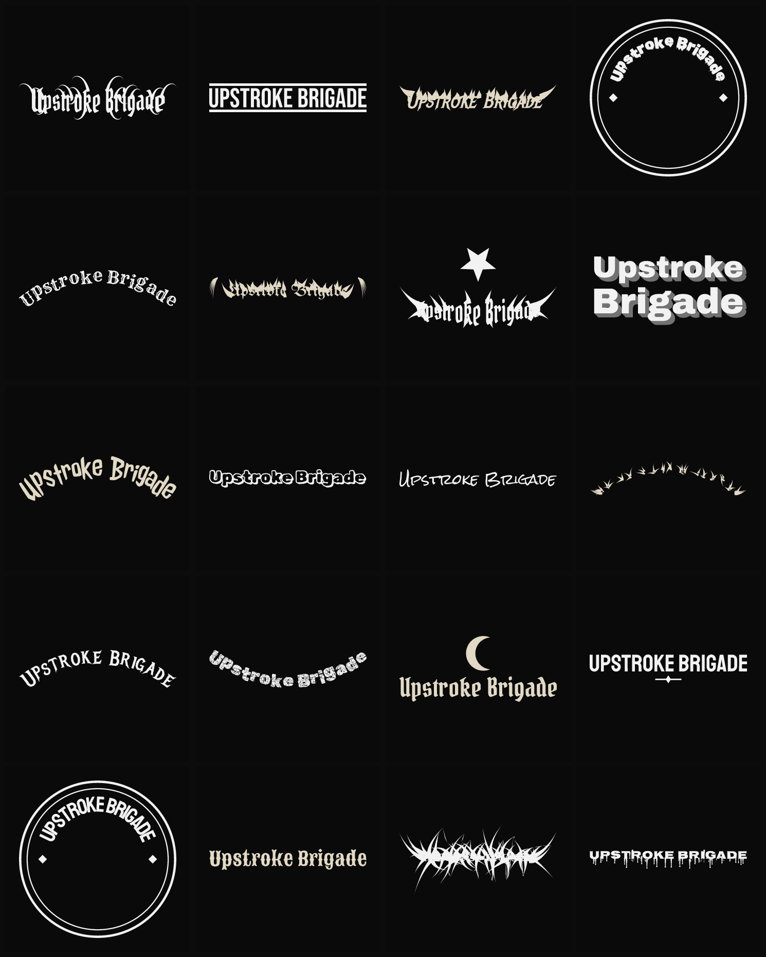 Twenty Upstroke Brigade band logo ideas — different faces, treatments and spike settings