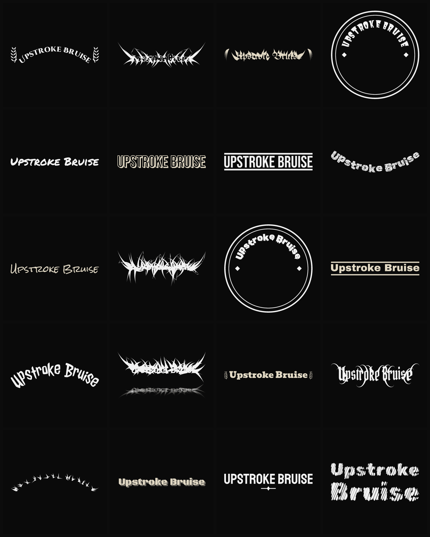 Twenty Upstroke Bruise band logo ideas — different faces, treatments and spike settings