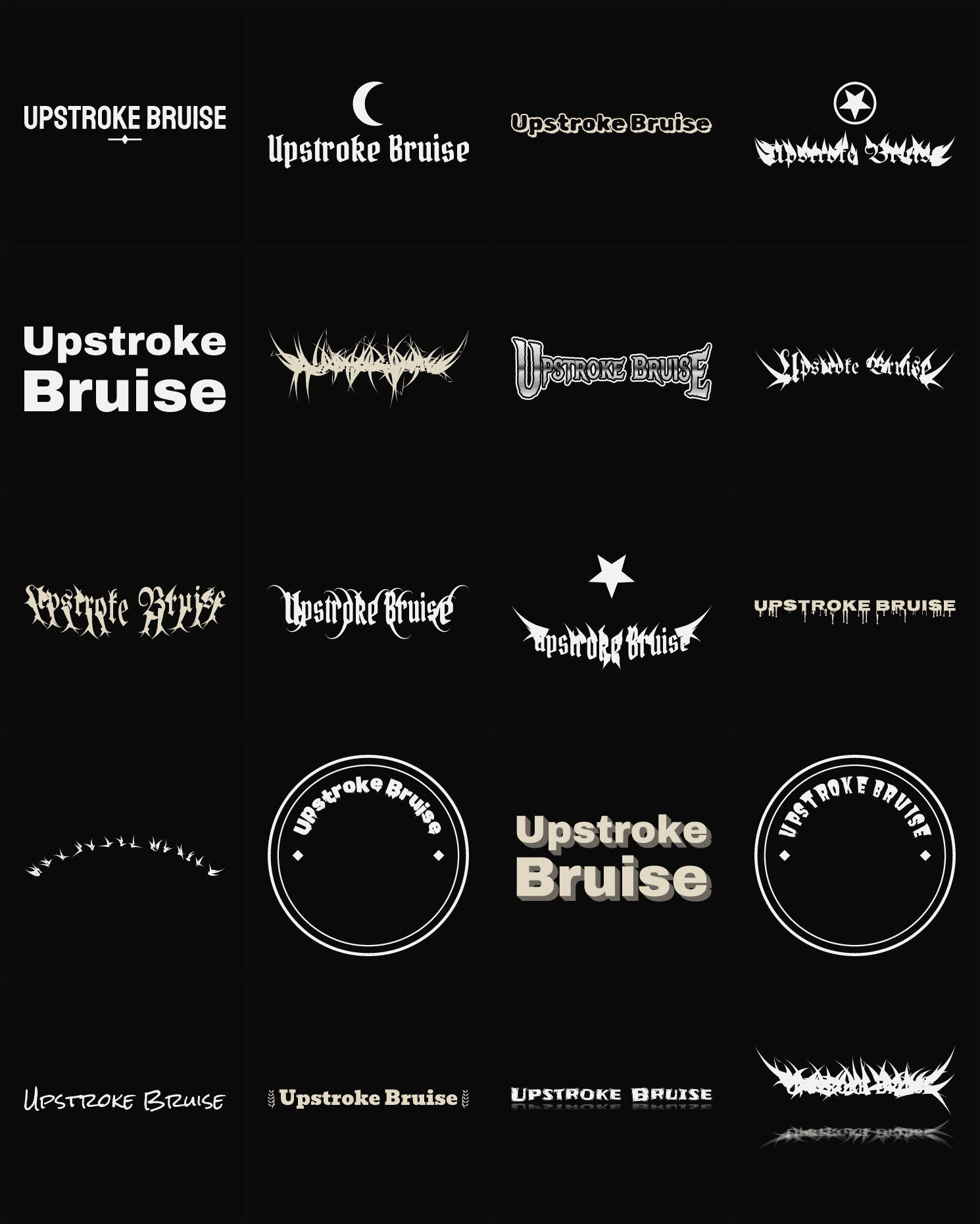 Twenty Upstroke Bruise band logo ideas — different faces, treatments and spike settings