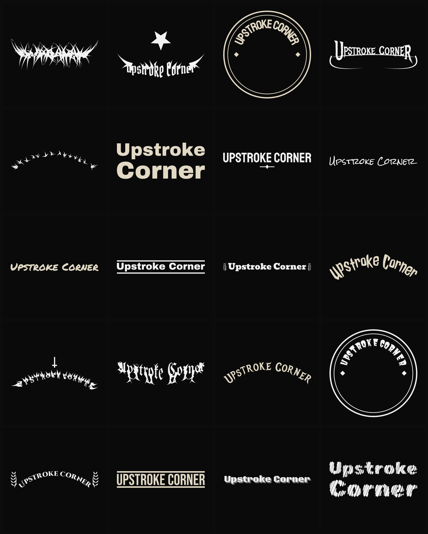 Twenty Upstroke Corner band logo ideas — different faces, treatments and spike settings