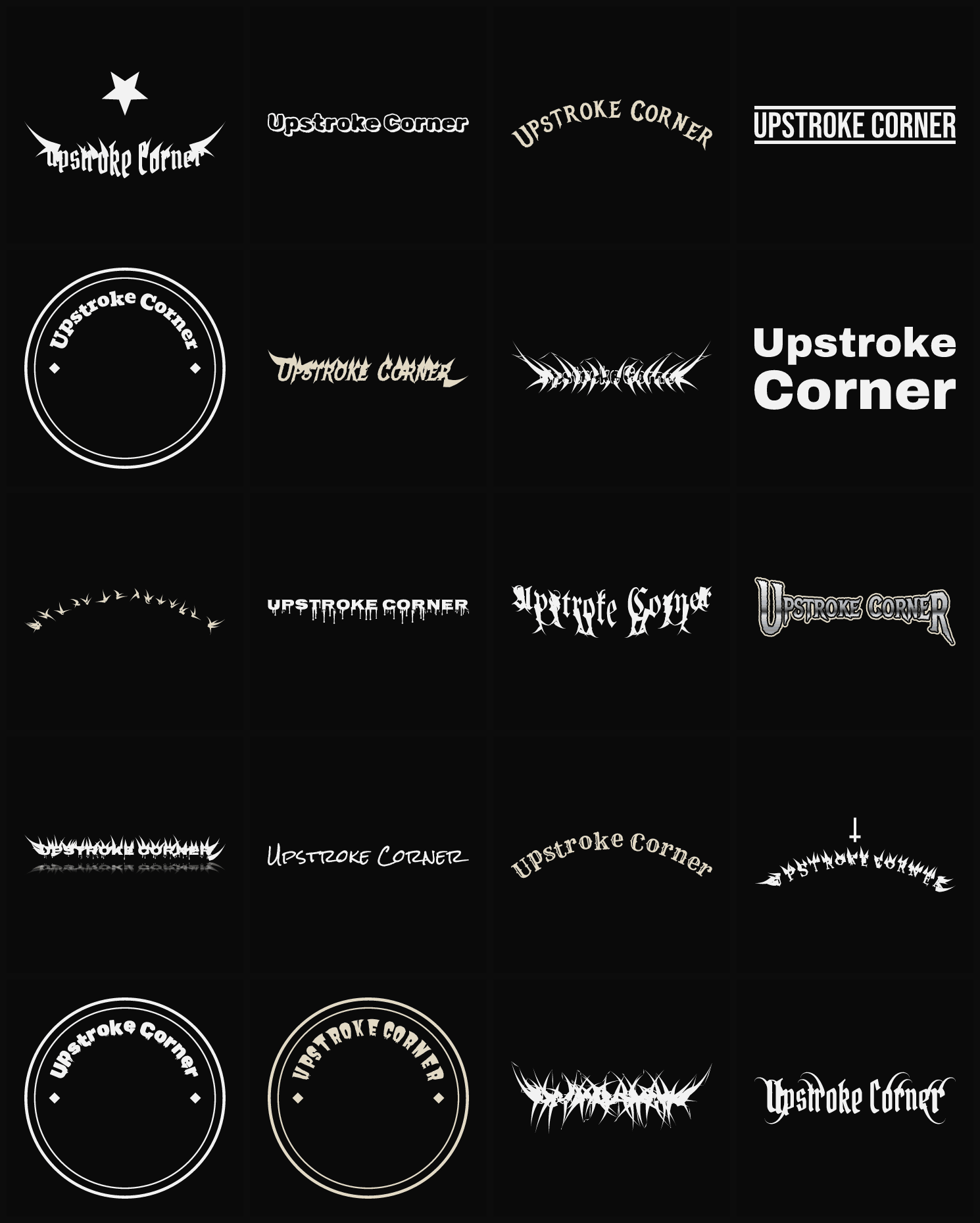 Twenty Upstroke Corner band logo ideas — different faces, treatments and spike settings