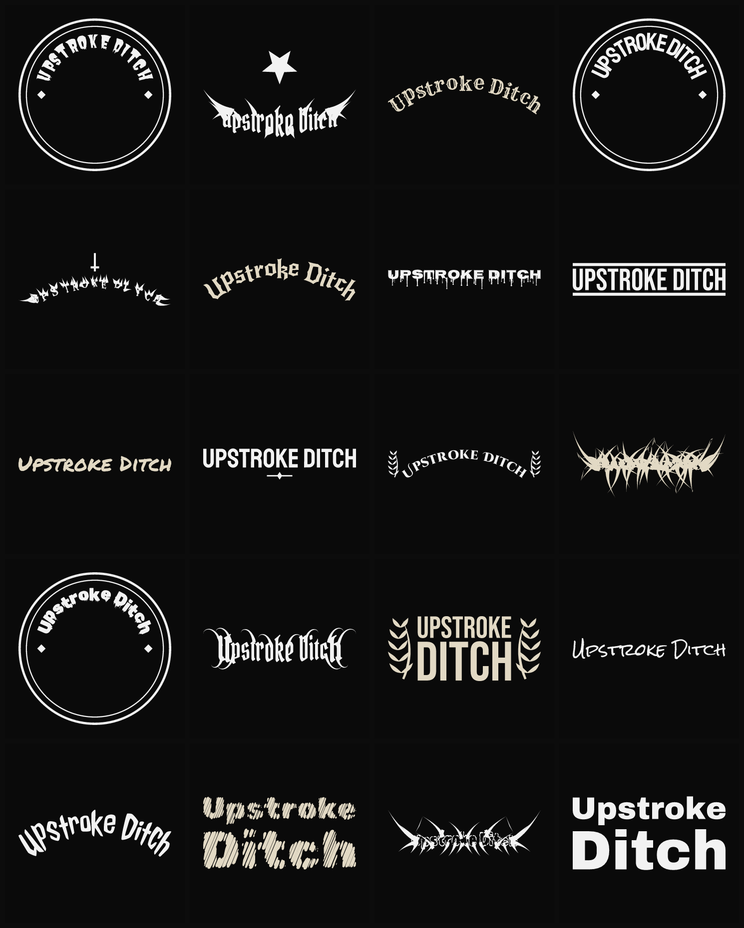 Twenty Upstroke Ditch band logo ideas — different faces, treatments and spike settings