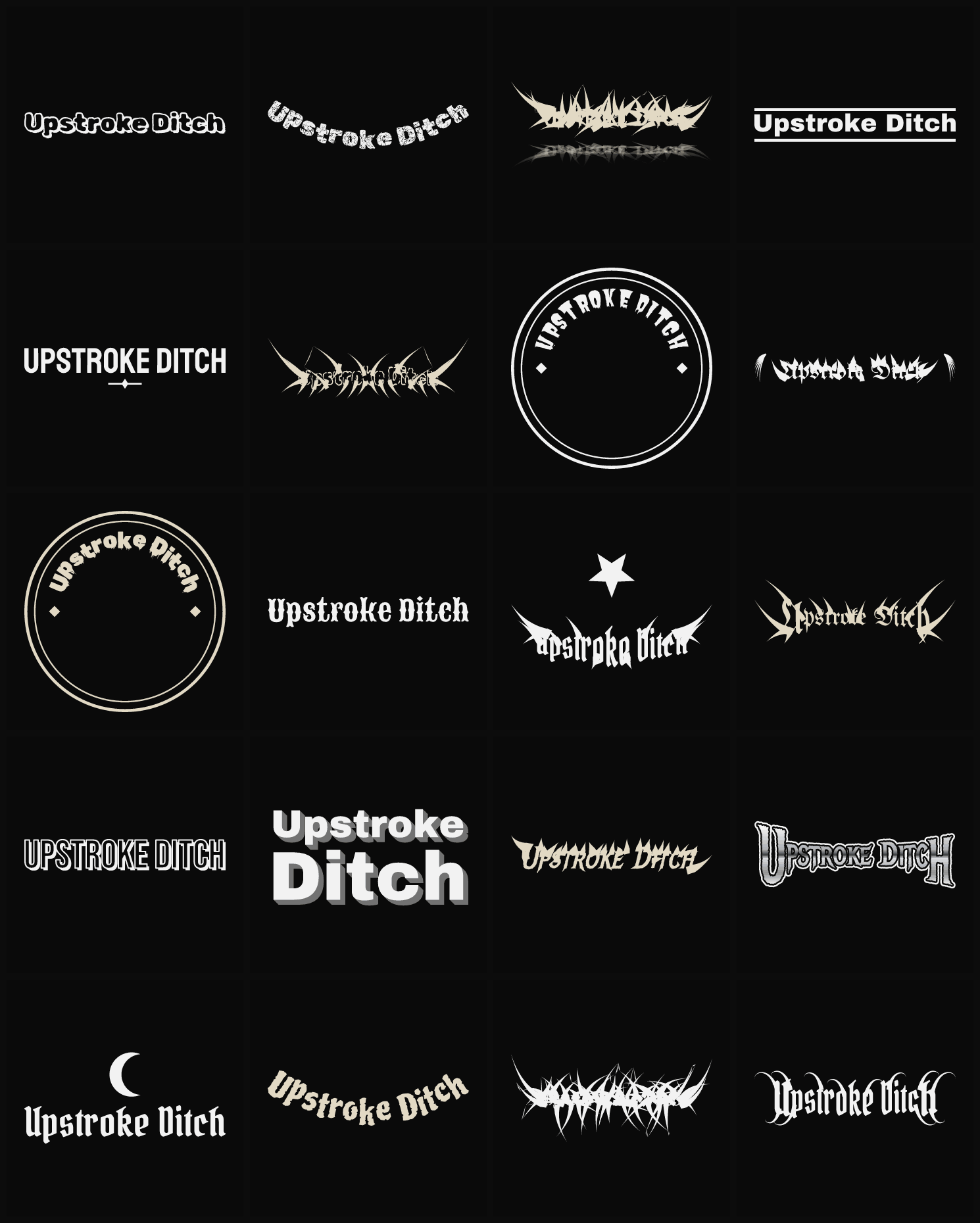 Twenty Upstroke Ditch band logo ideas — different faces, treatments and spike settings
