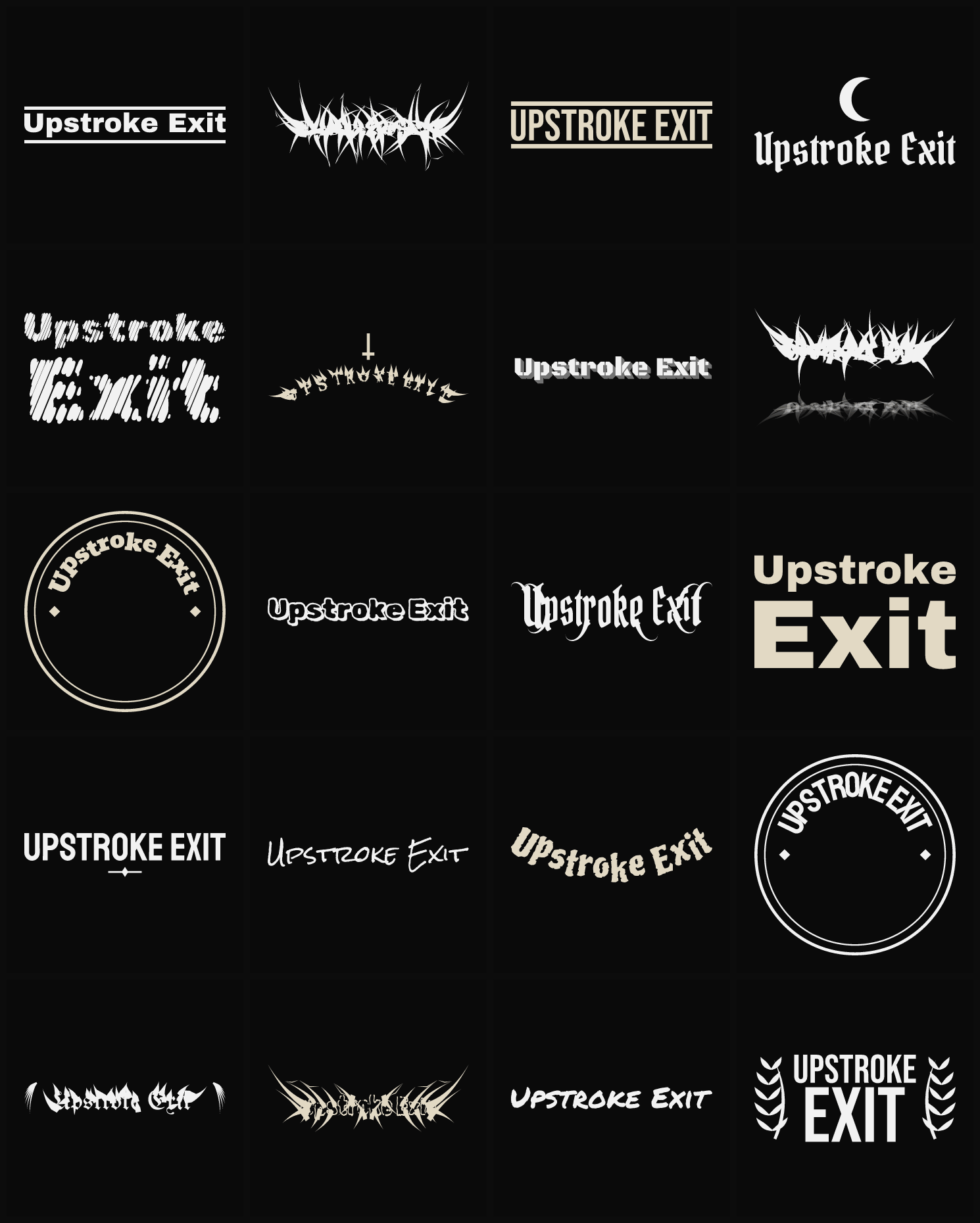 Twenty Upstroke Exit band logo ideas — different faces, treatments and spike settings