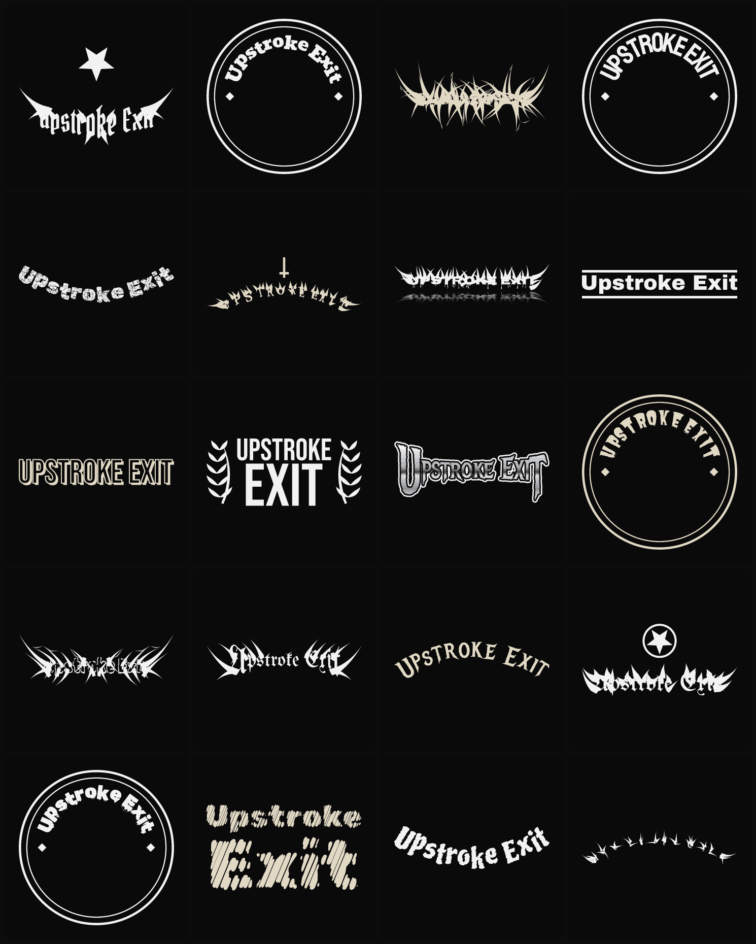 Twenty Upstroke Exit band logo ideas — different faces, treatments and spike settings