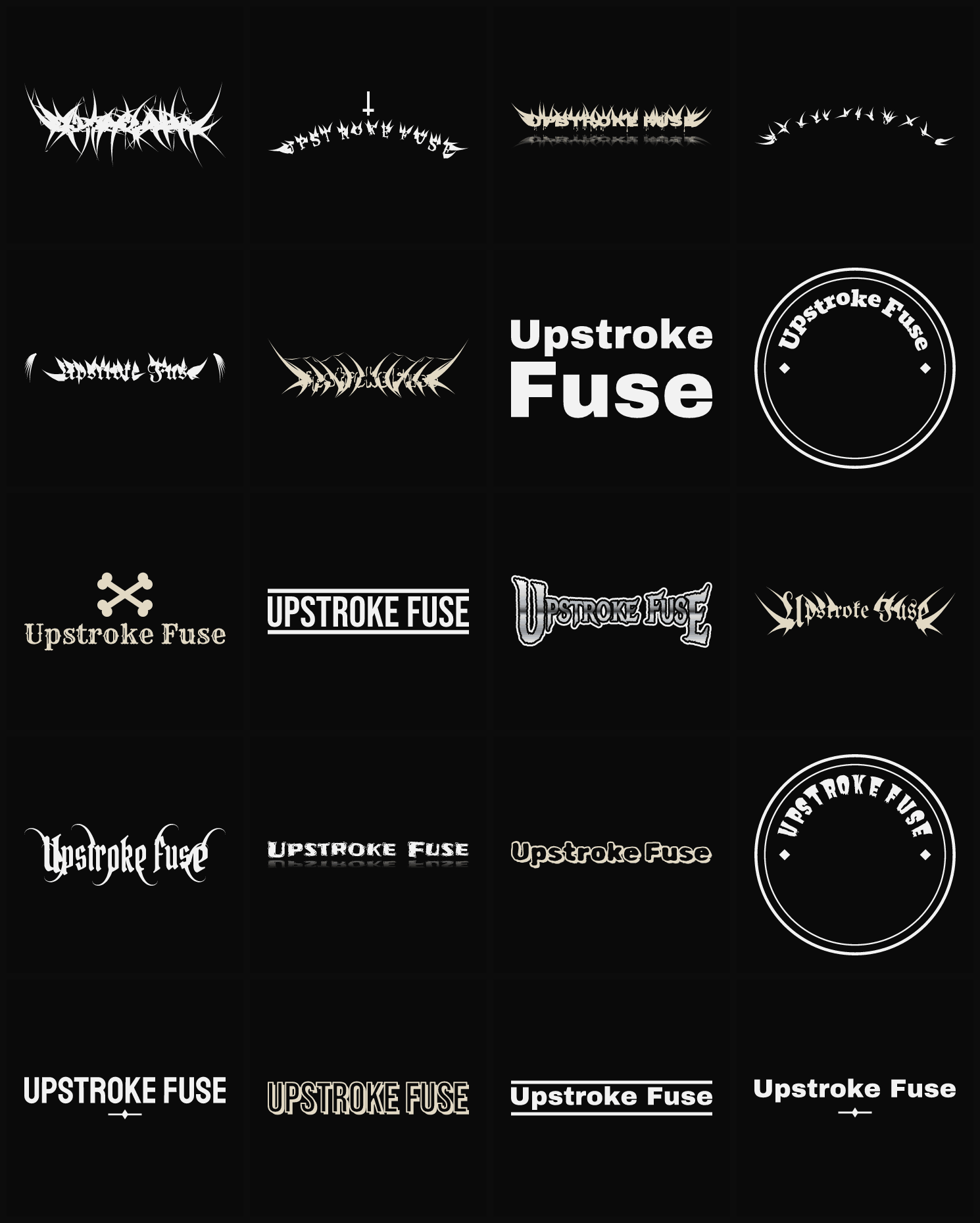 Twenty Upstroke Fuse band logo ideas — different faces, treatments and spike settings