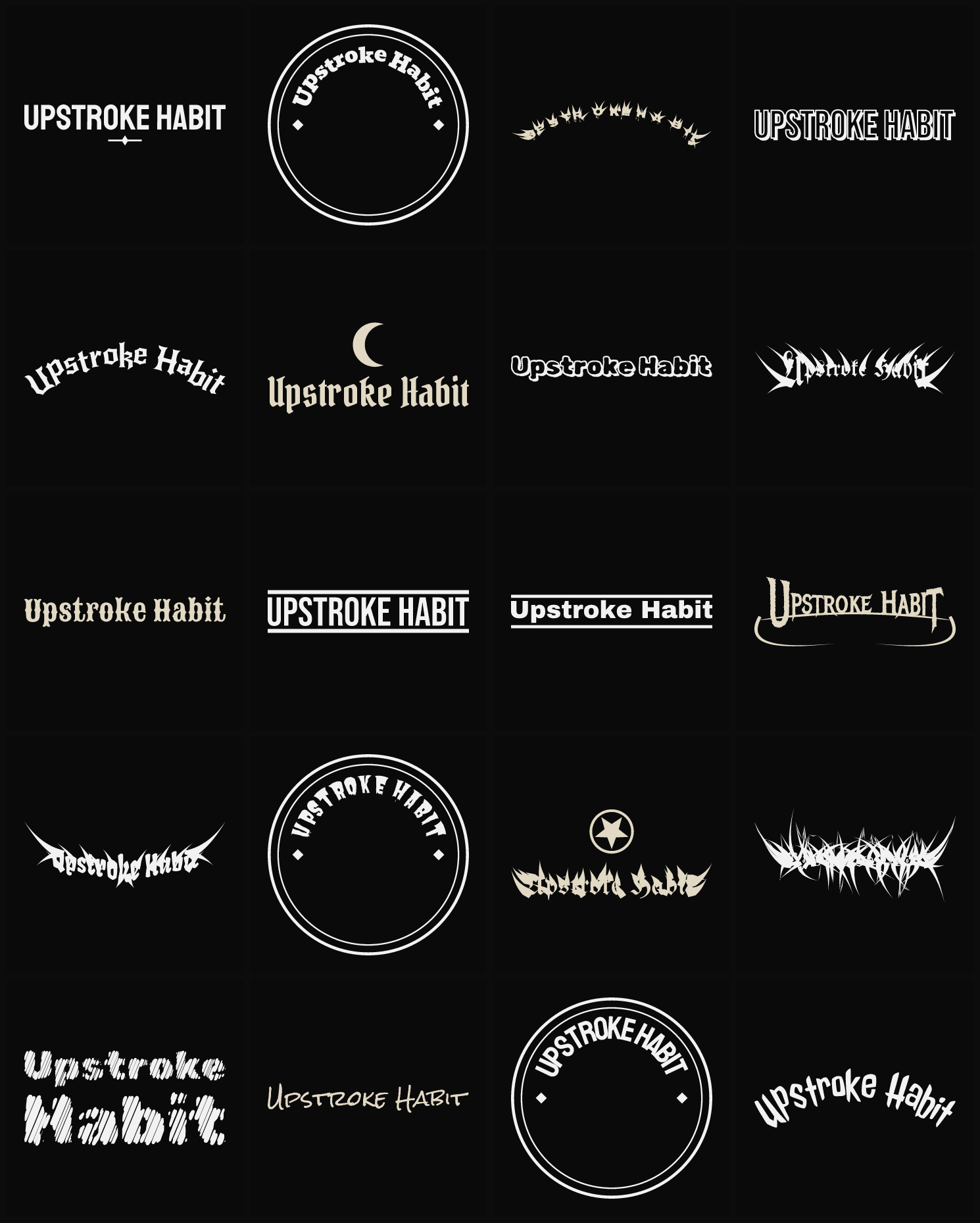 Twenty Upstroke Habit band logo ideas — different faces, treatments and spike settings