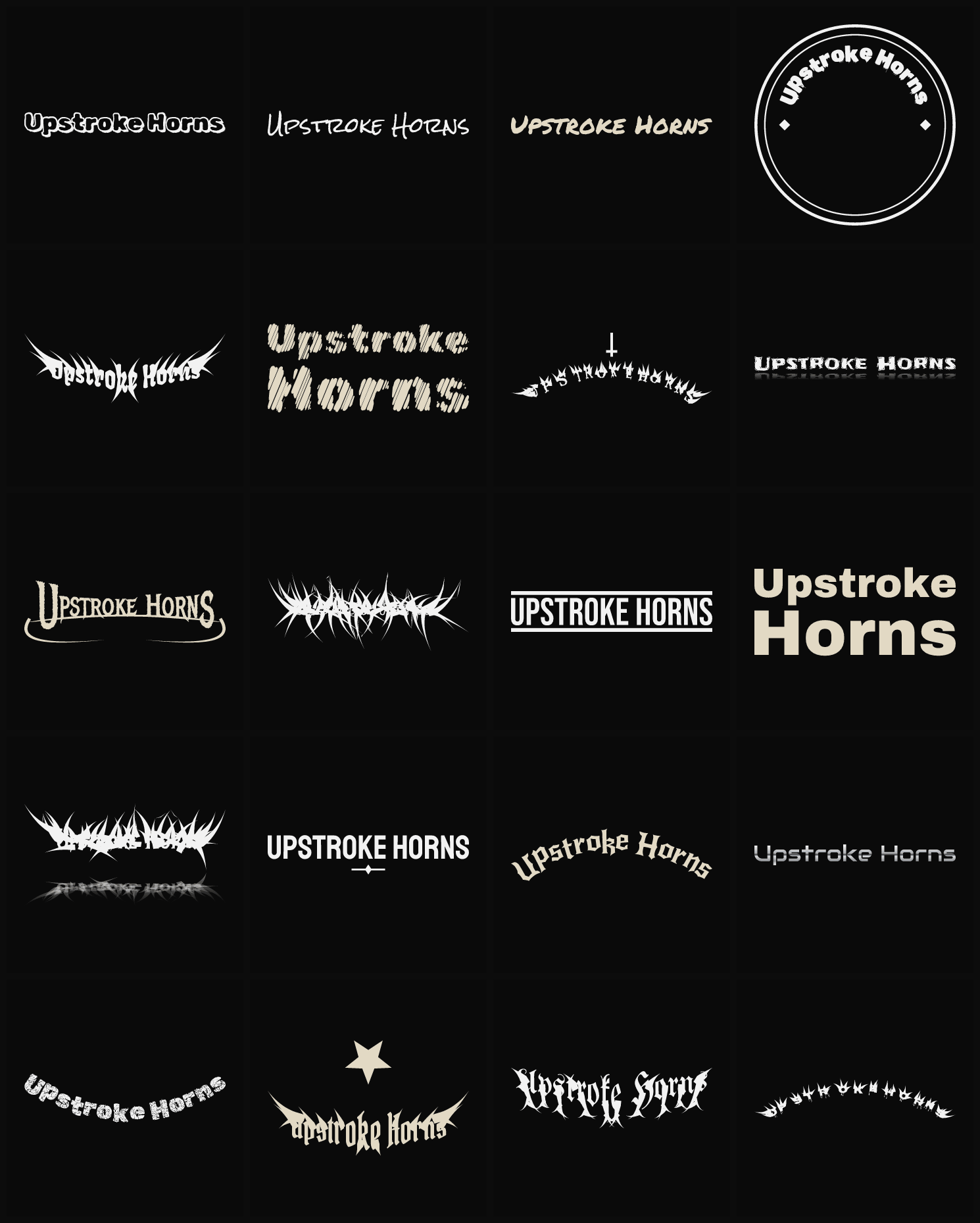 Twenty Upstroke Horns band logo ideas — different faces, treatments and spike settings