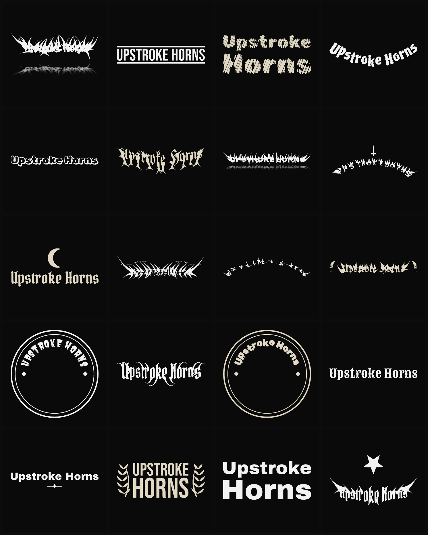 Twenty Upstroke Horns band logo ideas — different faces, treatments and spike settings