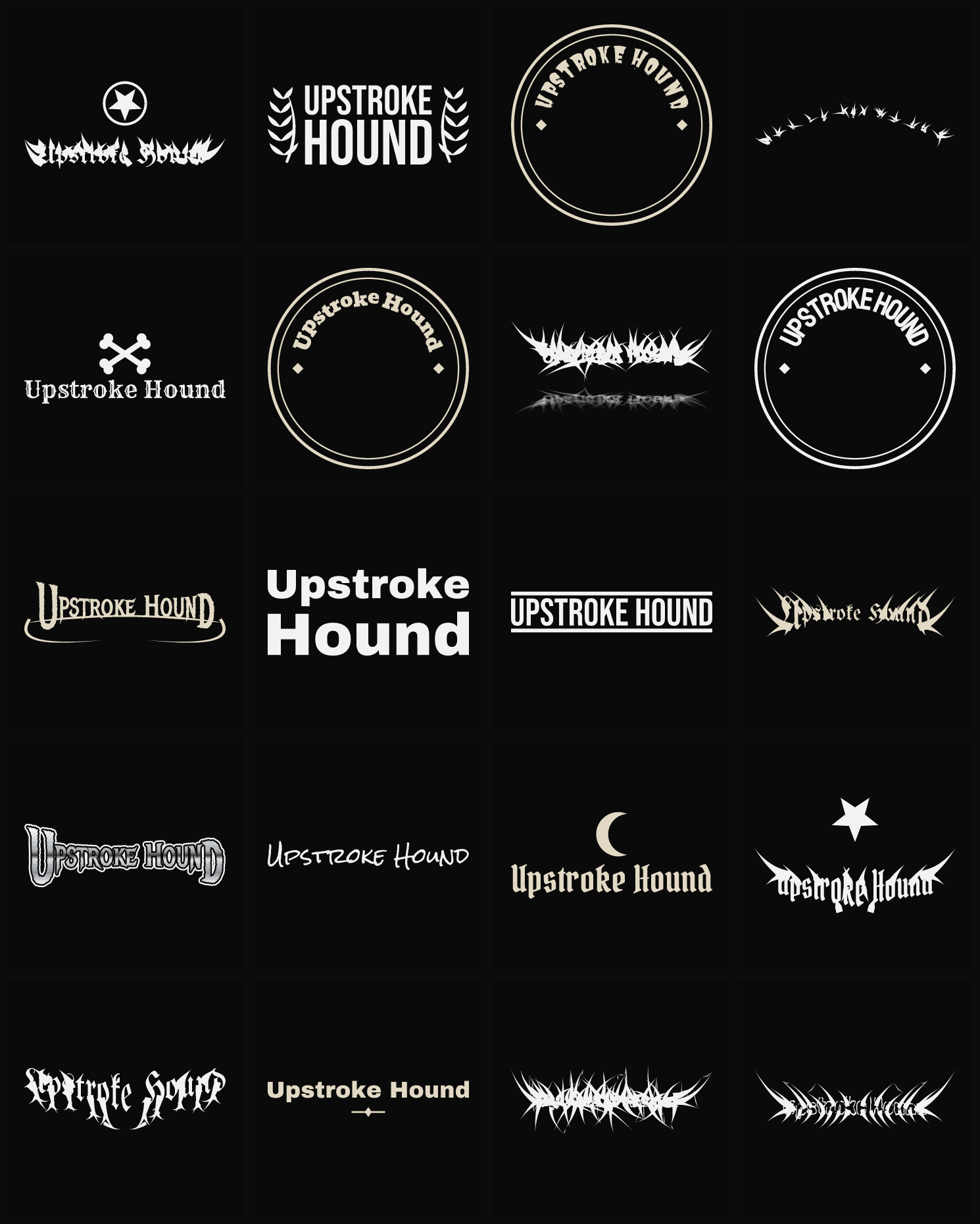 Twenty Upstroke Hound band logo ideas — different faces, treatments and spike settings