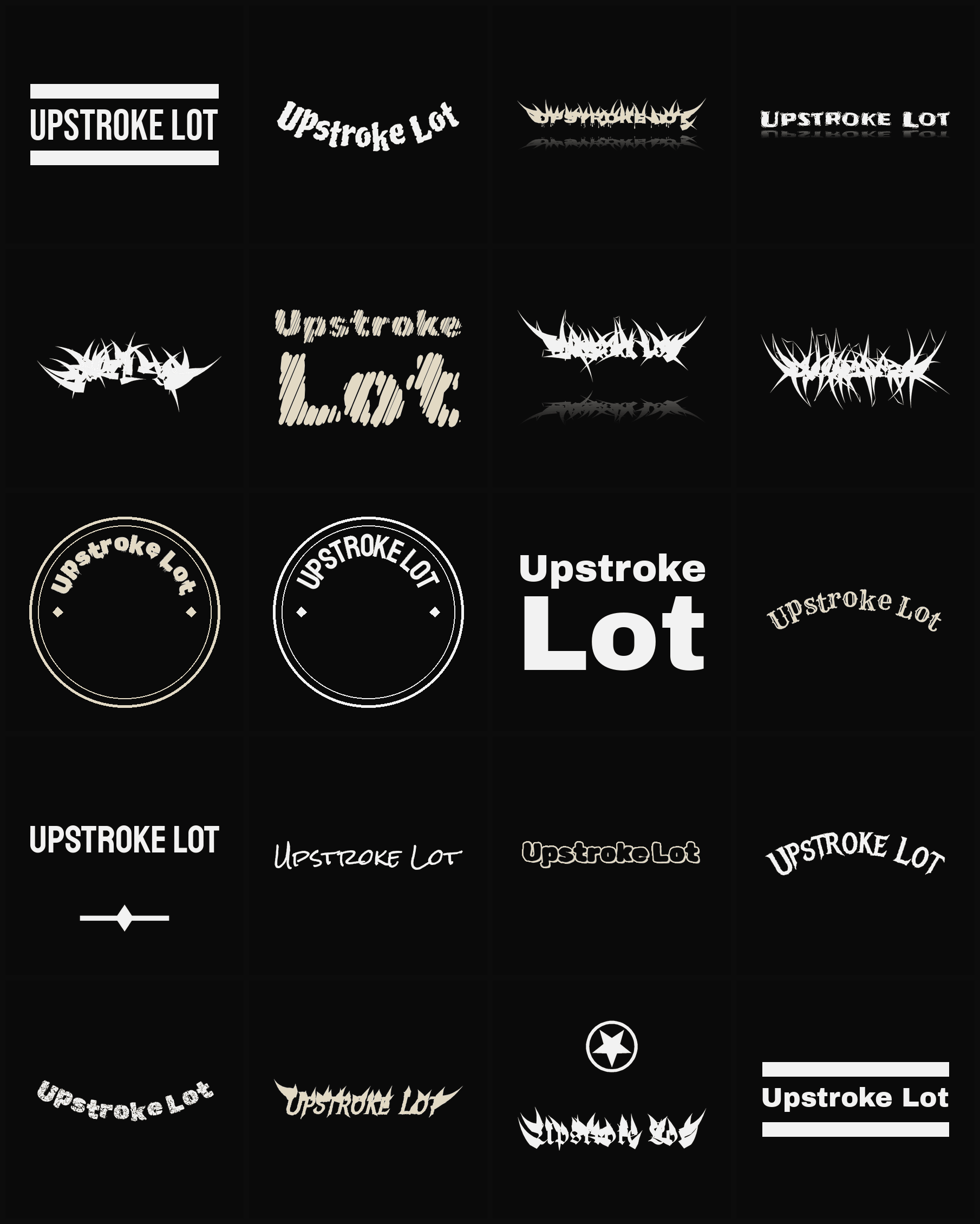 Twenty Upstroke Lot band logo ideas — different faces, treatments and spike settings