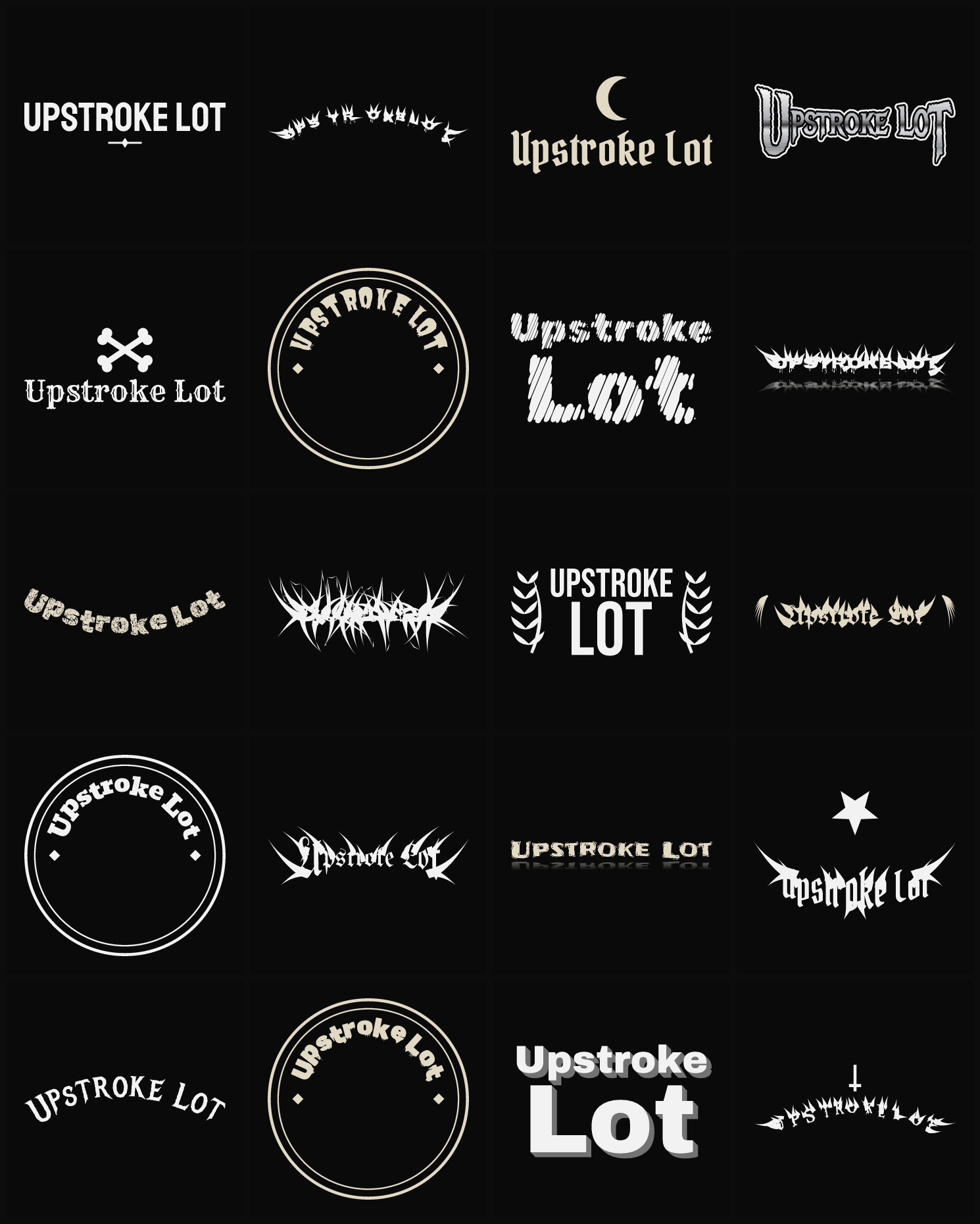 Twenty Upstroke Lot band logo ideas — different faces, treatments and spike settings
