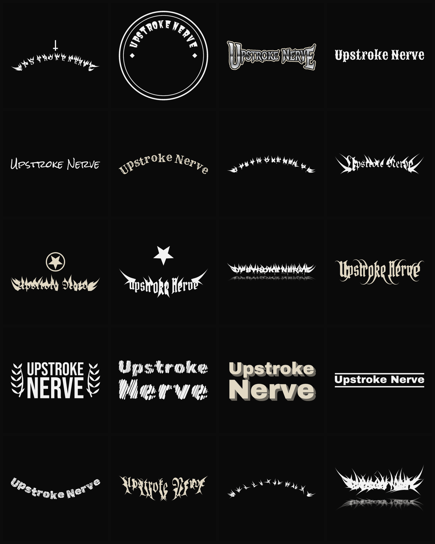 Twenty Upstroke Nerve band logo ideas — different faces, treatments and spike settings