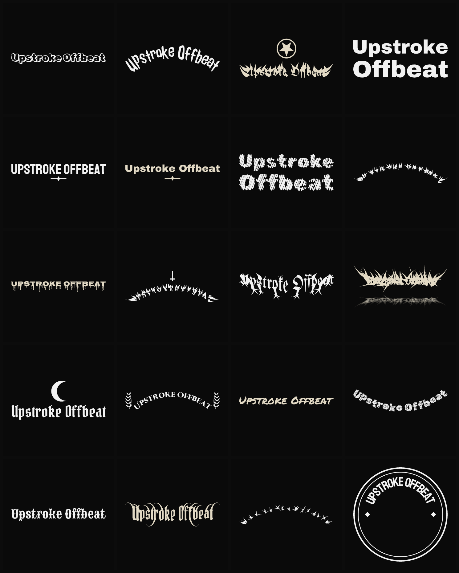 Twenty Upstroke Offbeat band logo ideas — different faces, treatments and spike settings