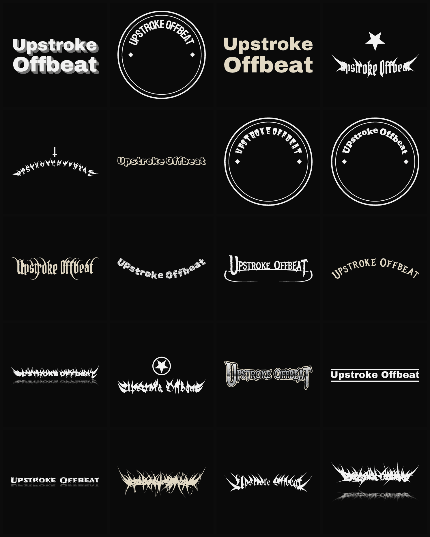 Twenty Upstroke Offbeat band logo ideas — different faces, treatments and spike settings