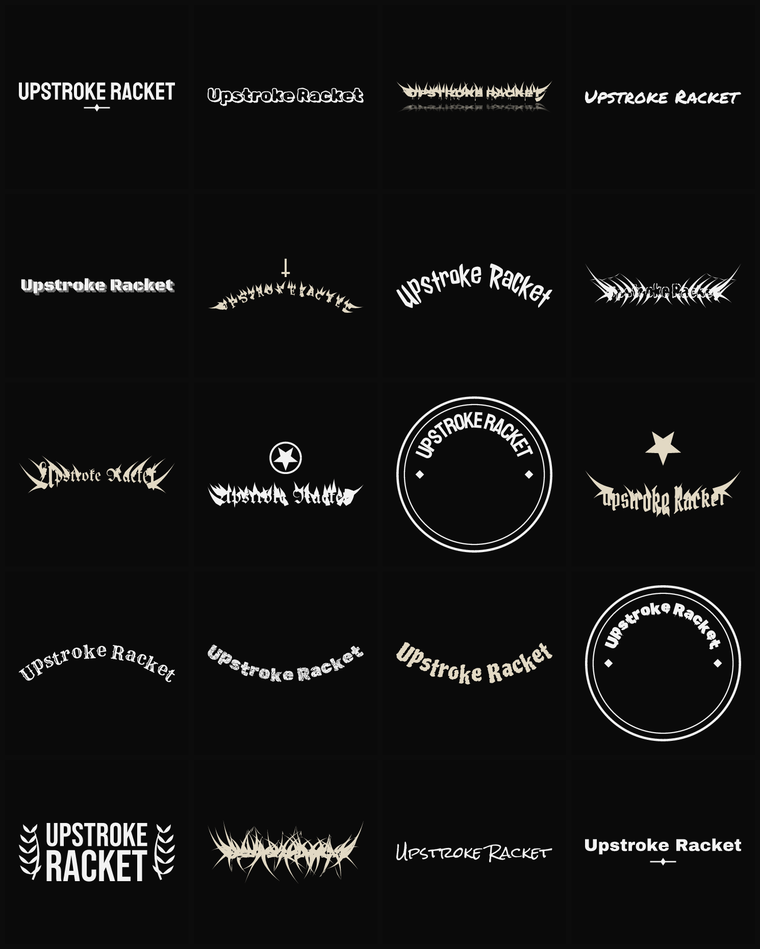 Twenty Upstroke Racket band logo ideas — different faces, treatments and spike settings