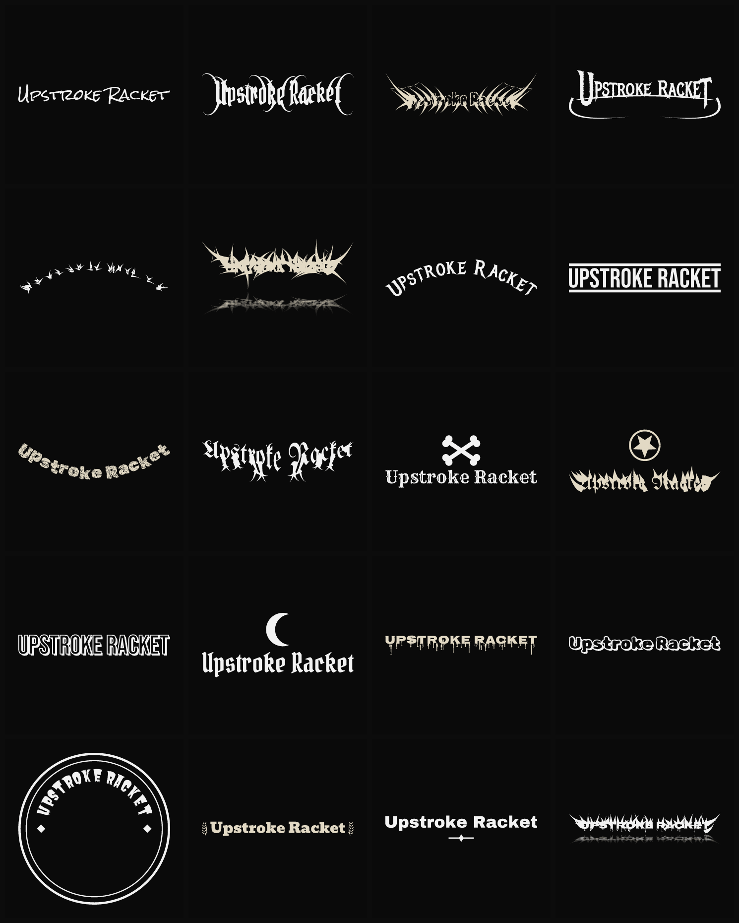 Twenty Upstroke Racket band logo ideas — different faces, treatments and spike settings