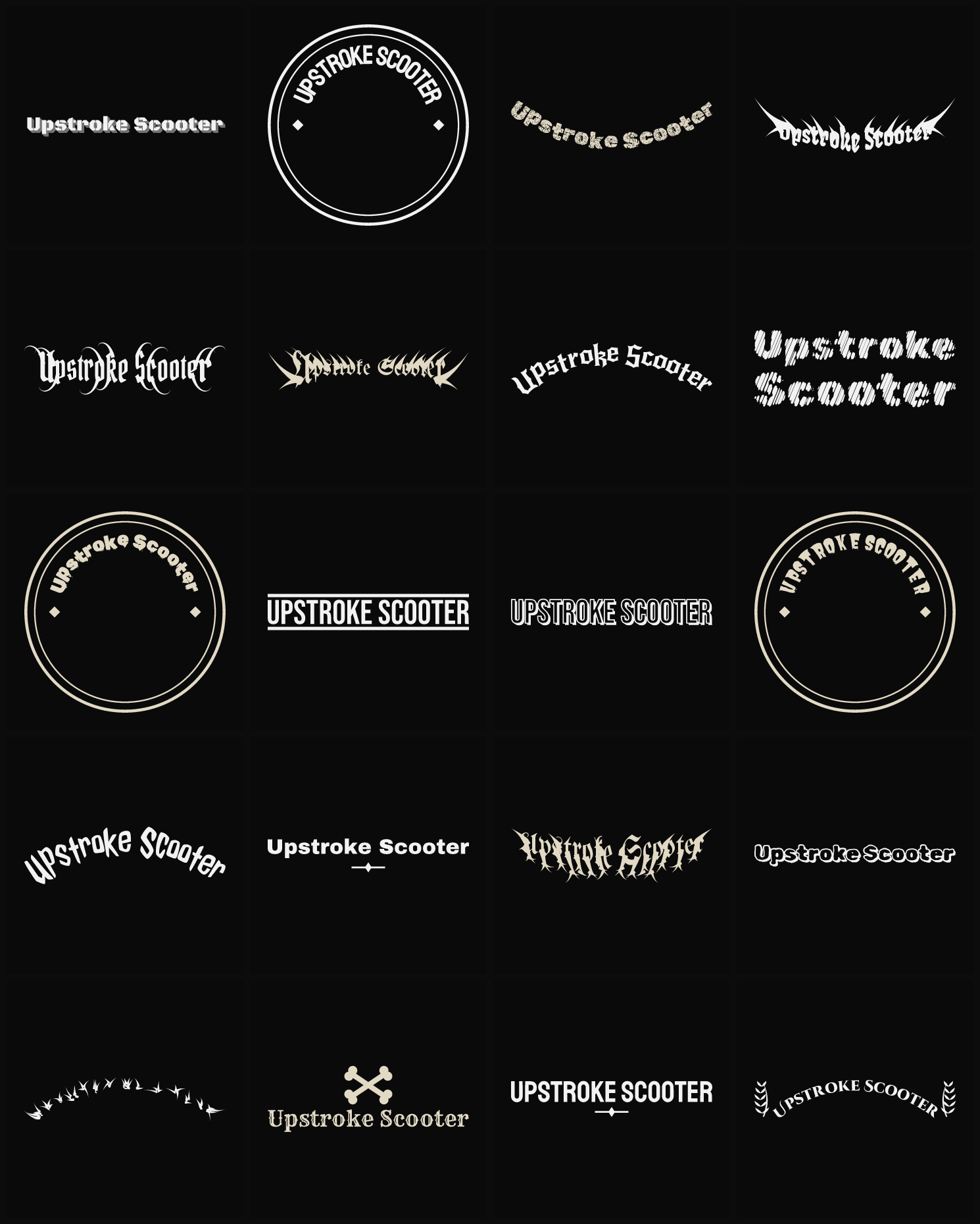 Twenty Upstroke Scooter band logo ideas — different faces, treatments and spike settings