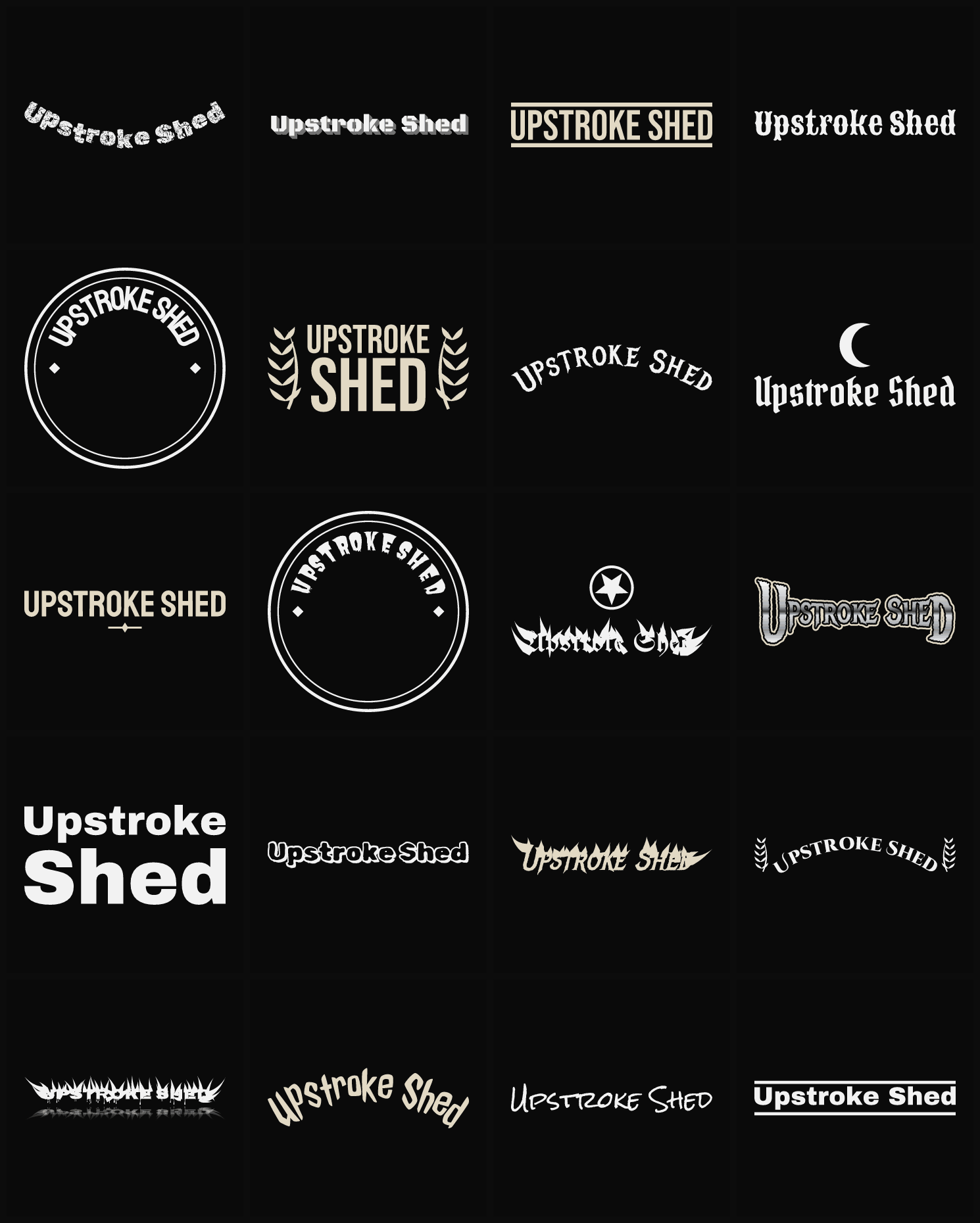 Twenty Upstroke Shed band logo ideas — different faces, treatments and spike settings