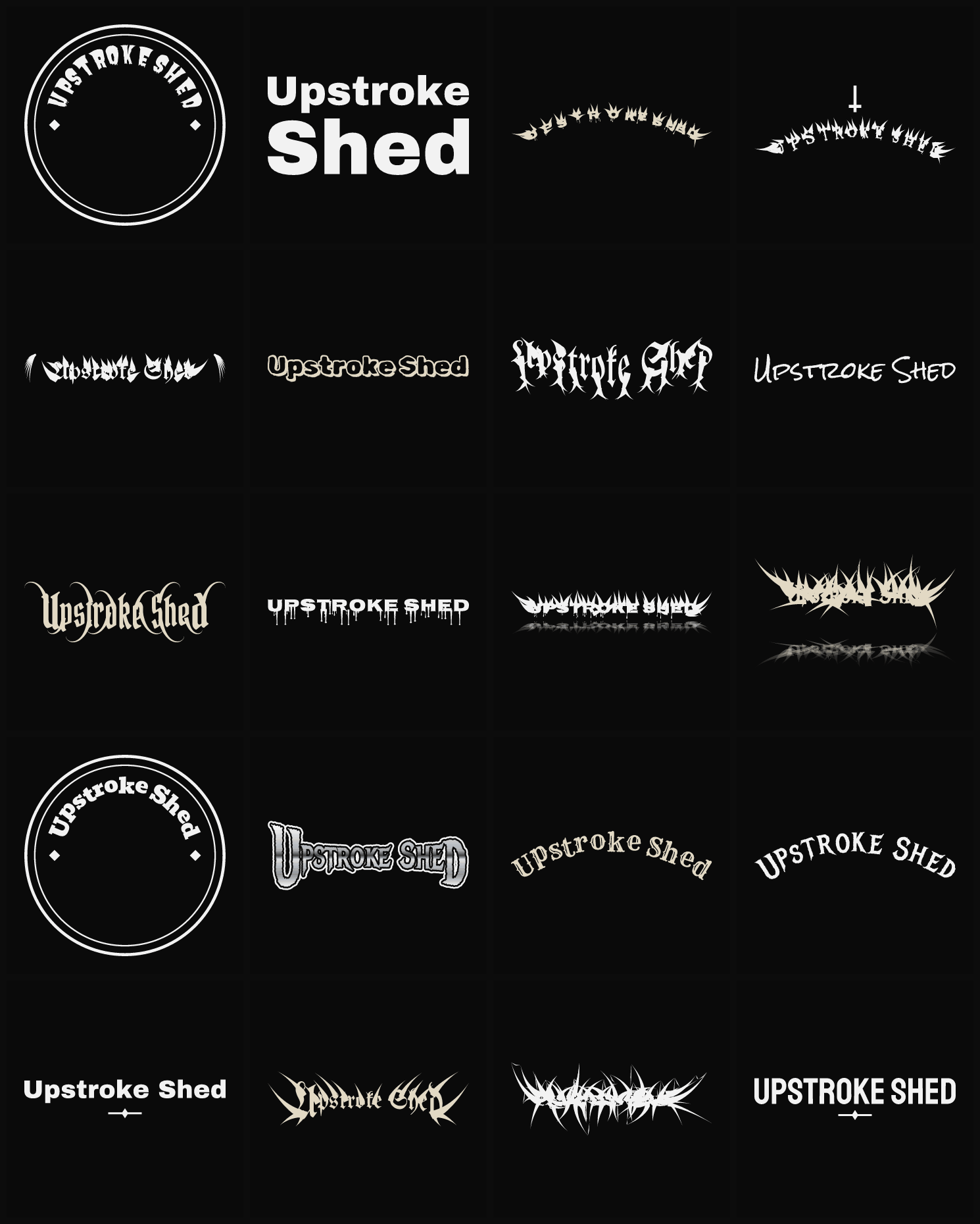 Twenty Upstroke Shed band logo ideas — different faces, treatments and spike settings