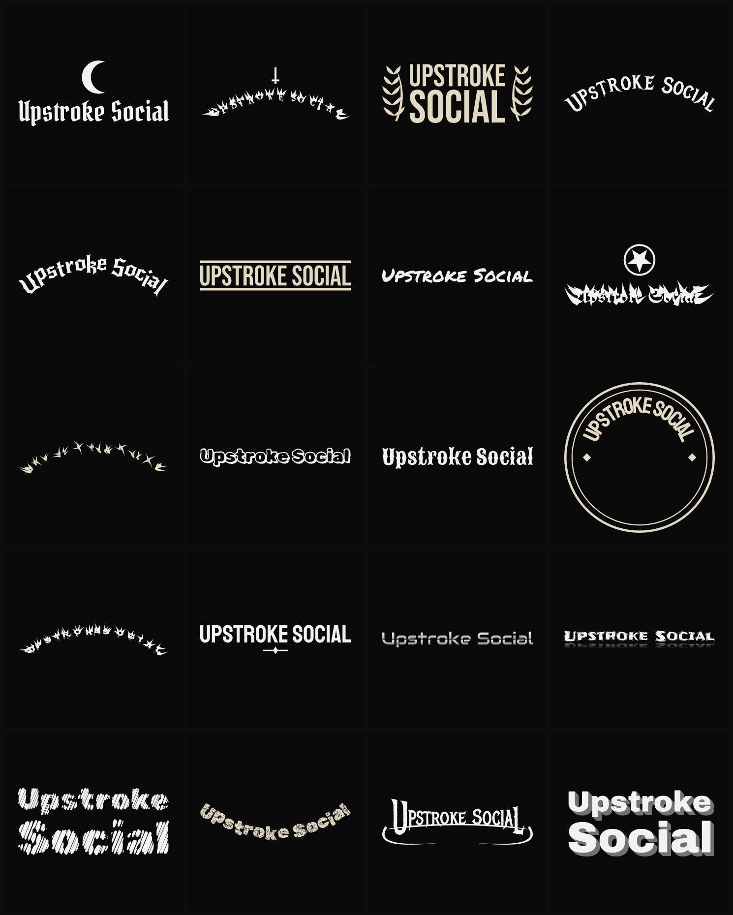 Twenty Upstroke Social band logo ideas — different faces, treatments and spike settings