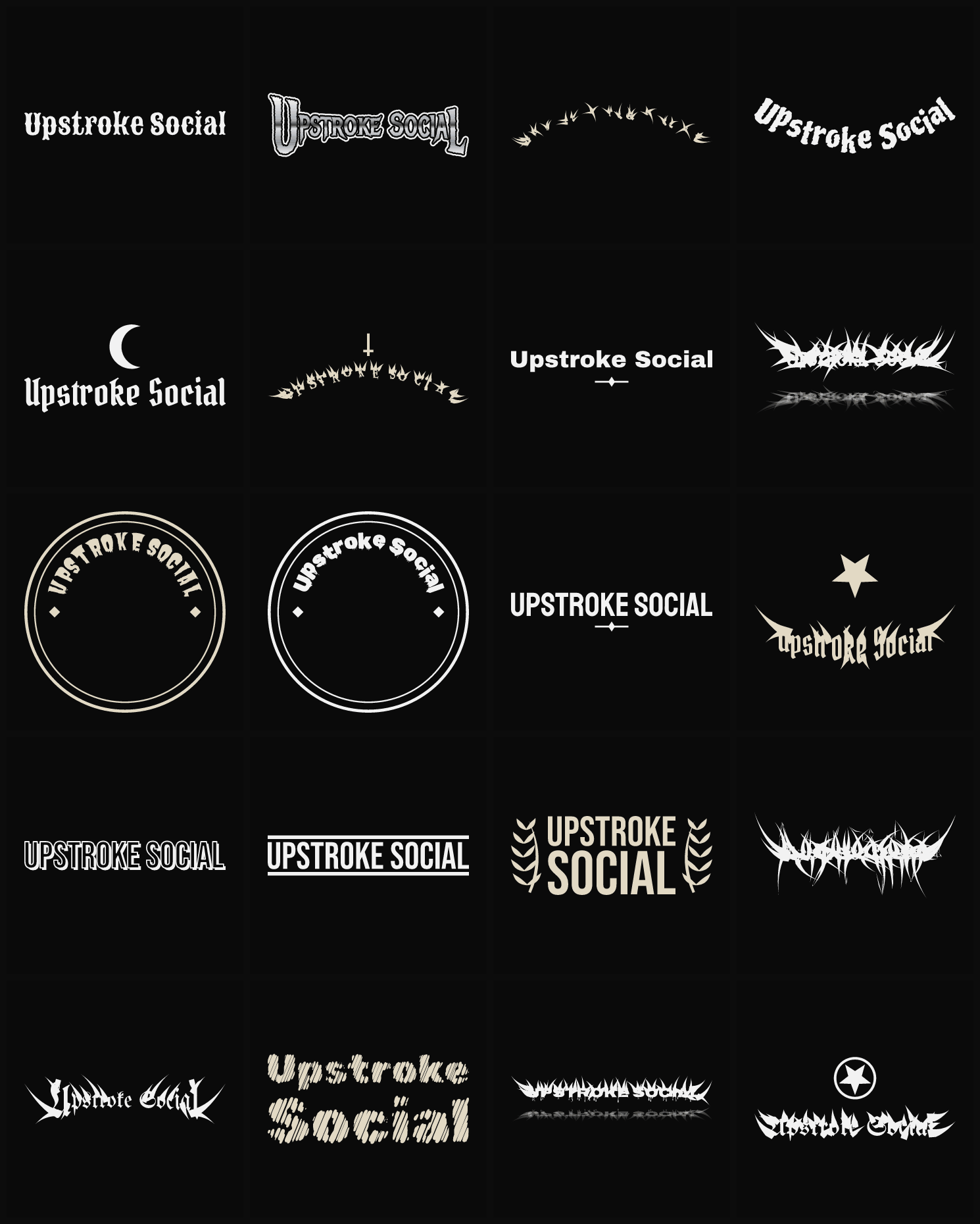 Twenty Upstroke Social band logo ideas — different faces, treatments and spike settings