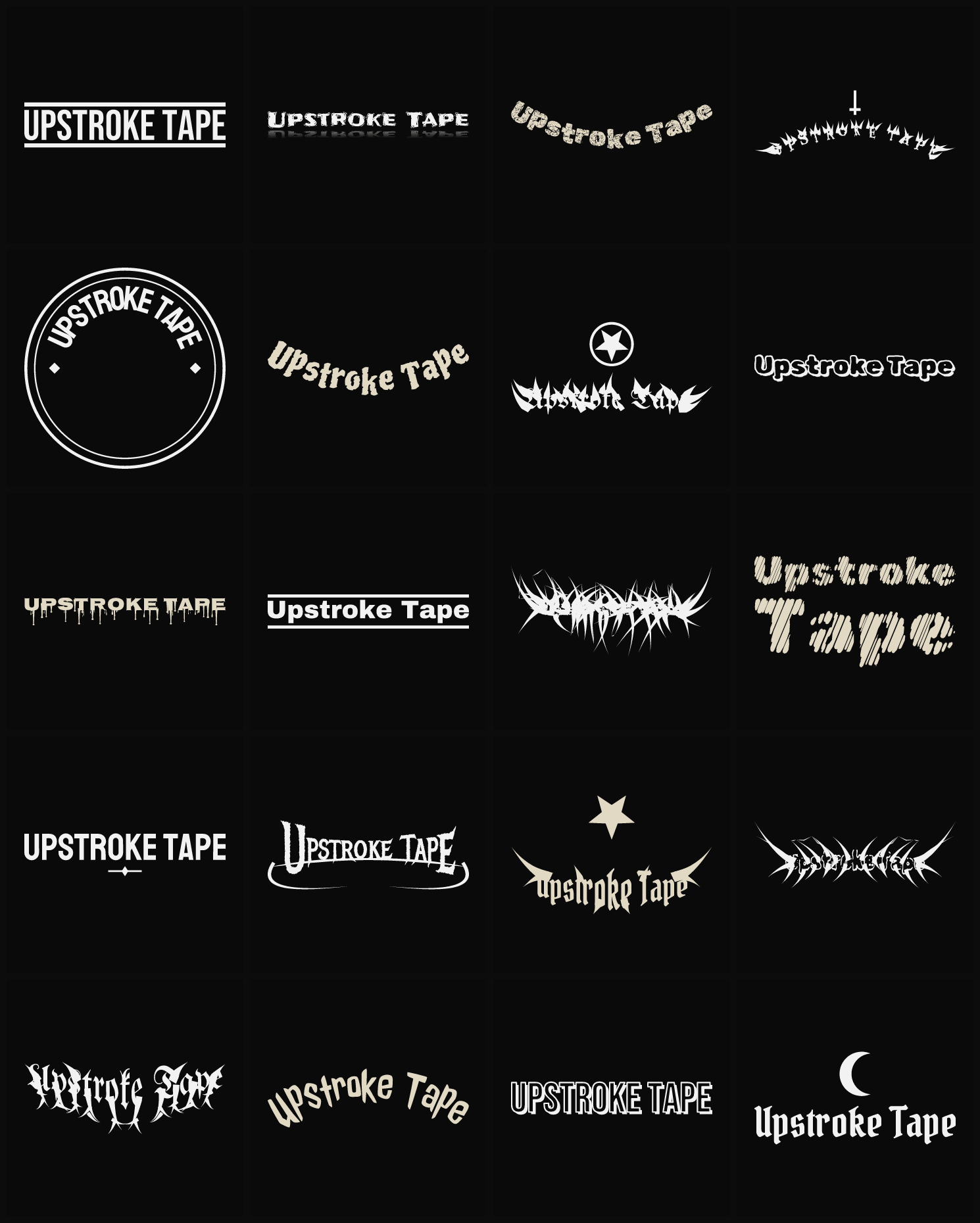 Twenty Upstroke Tape band logo ideas — different faces, treatments and spike settings